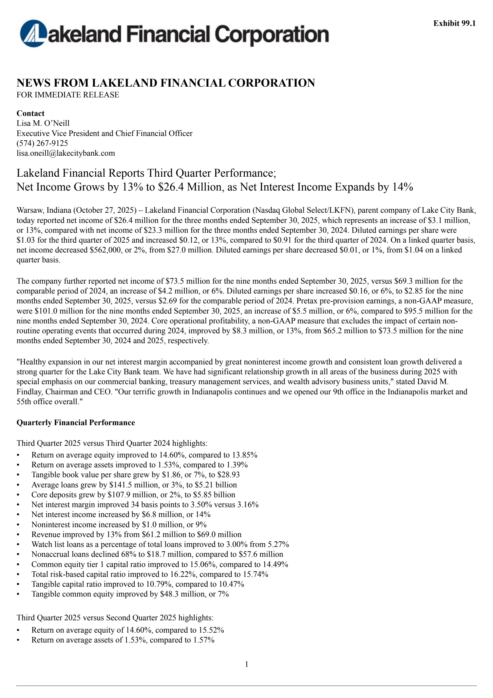 Lakeland Financial's Q3 2025 Earnings Release