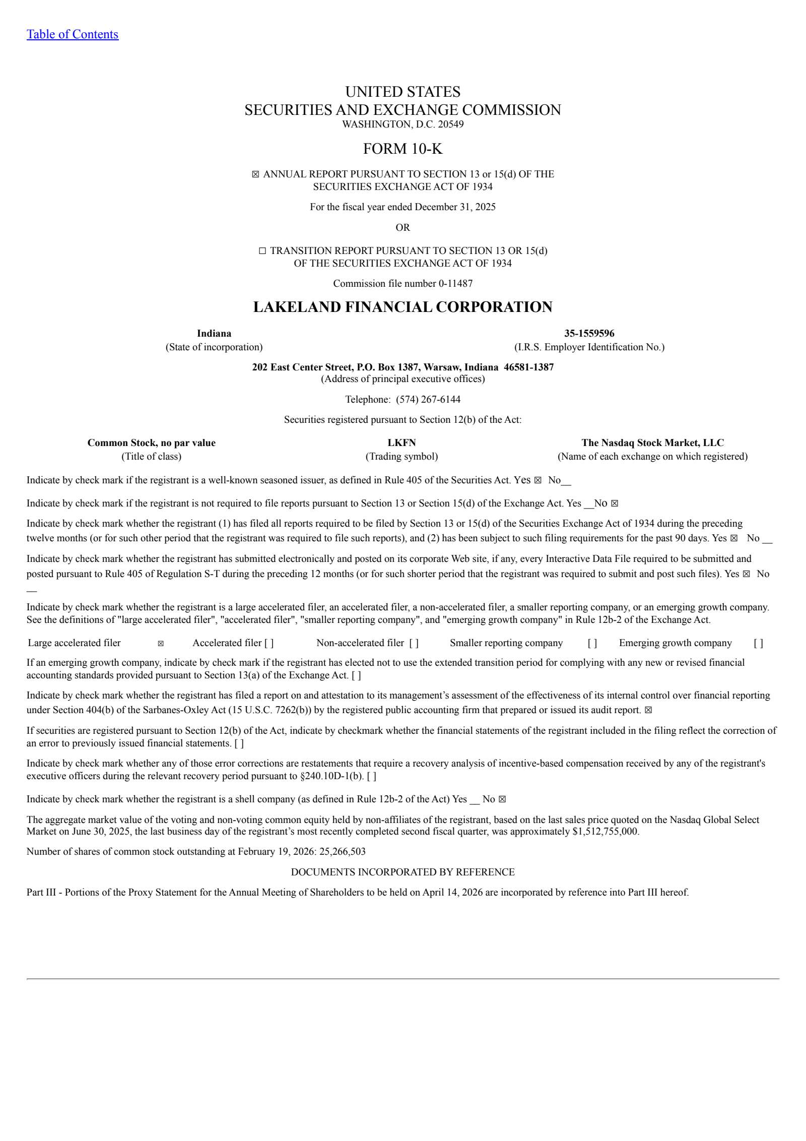 Lakeland Financial's Q4 2025 Annual report