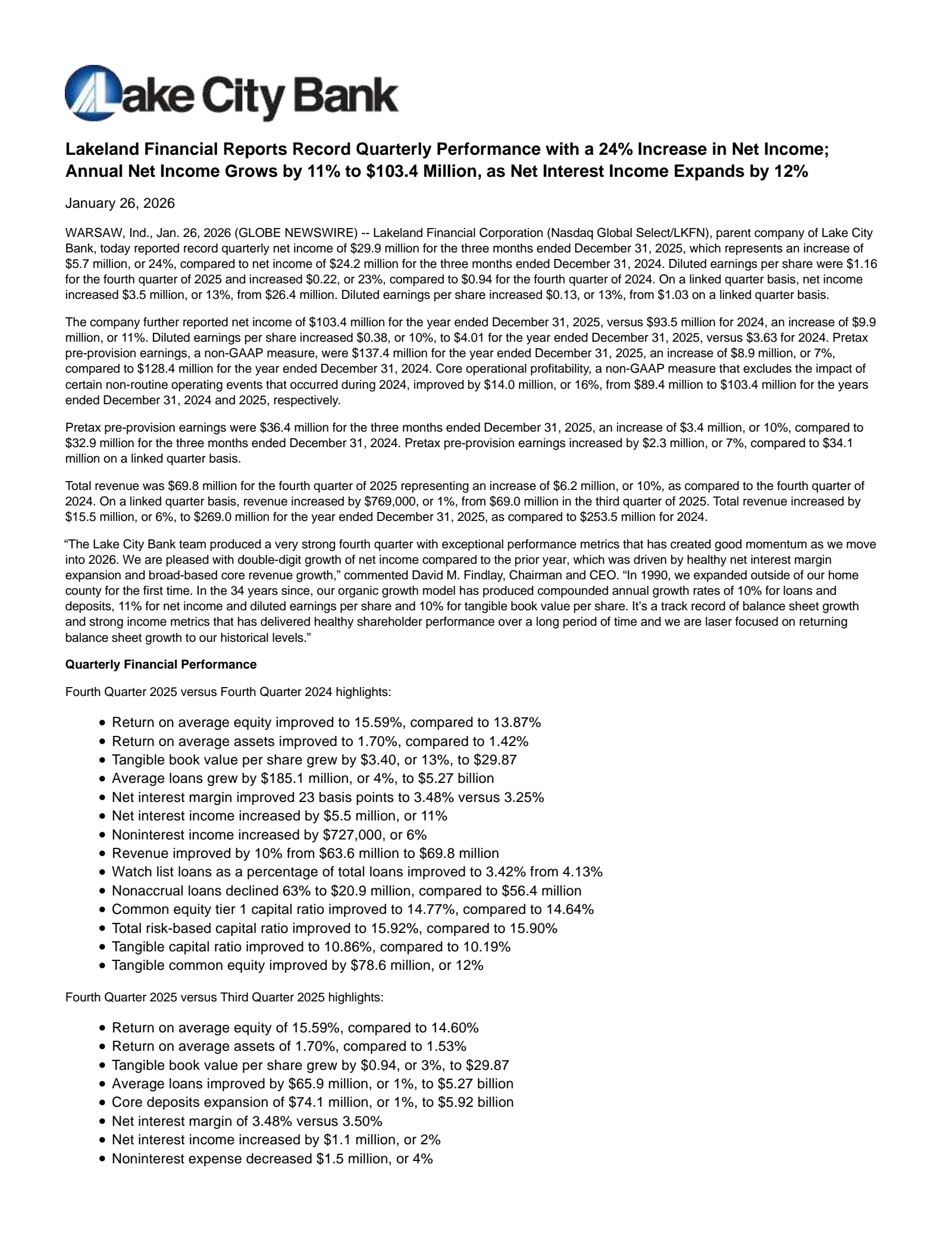 Lakeland Financial's Q4 2025 Press Release
