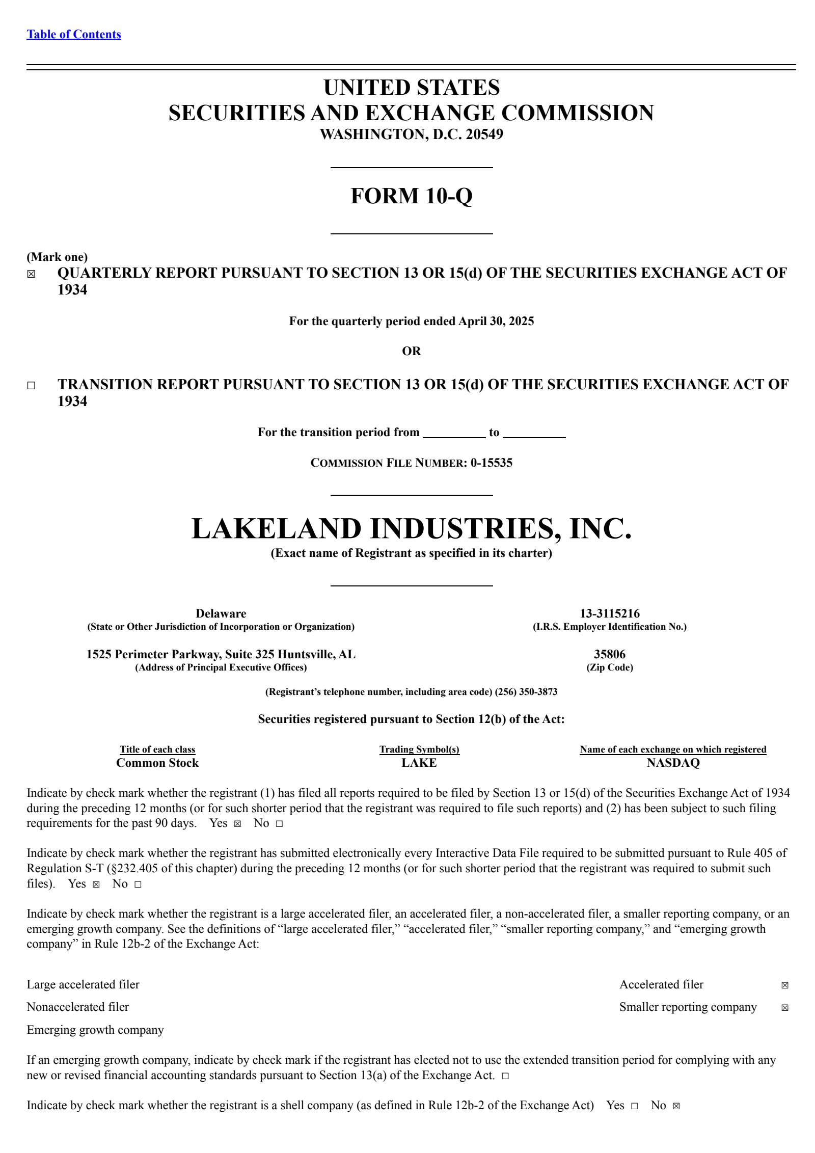 Lakeland Industries' Q1 2026 Quarterly report