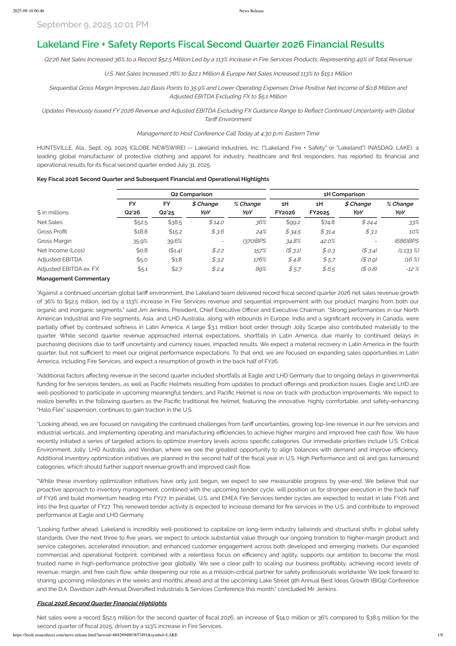 Lakeland Industries' Q2 2026 Earnings Release