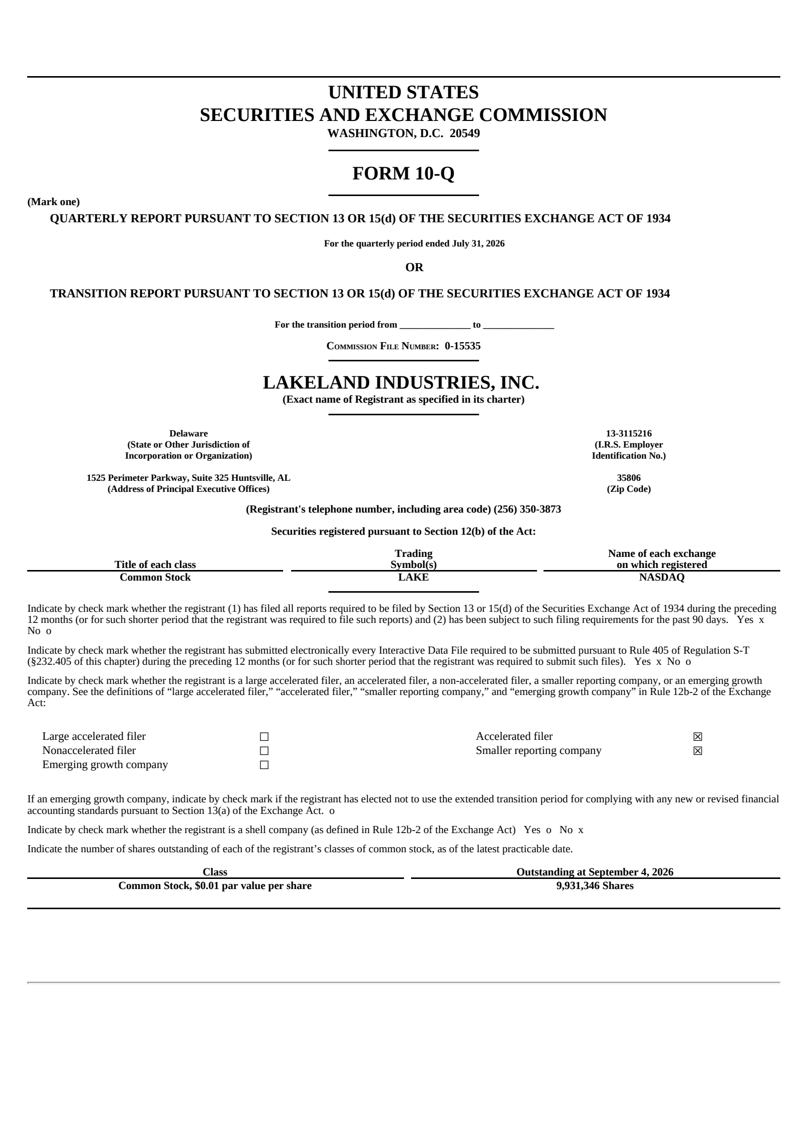 Lakeland Industries' Q2 2027 Quarterly report