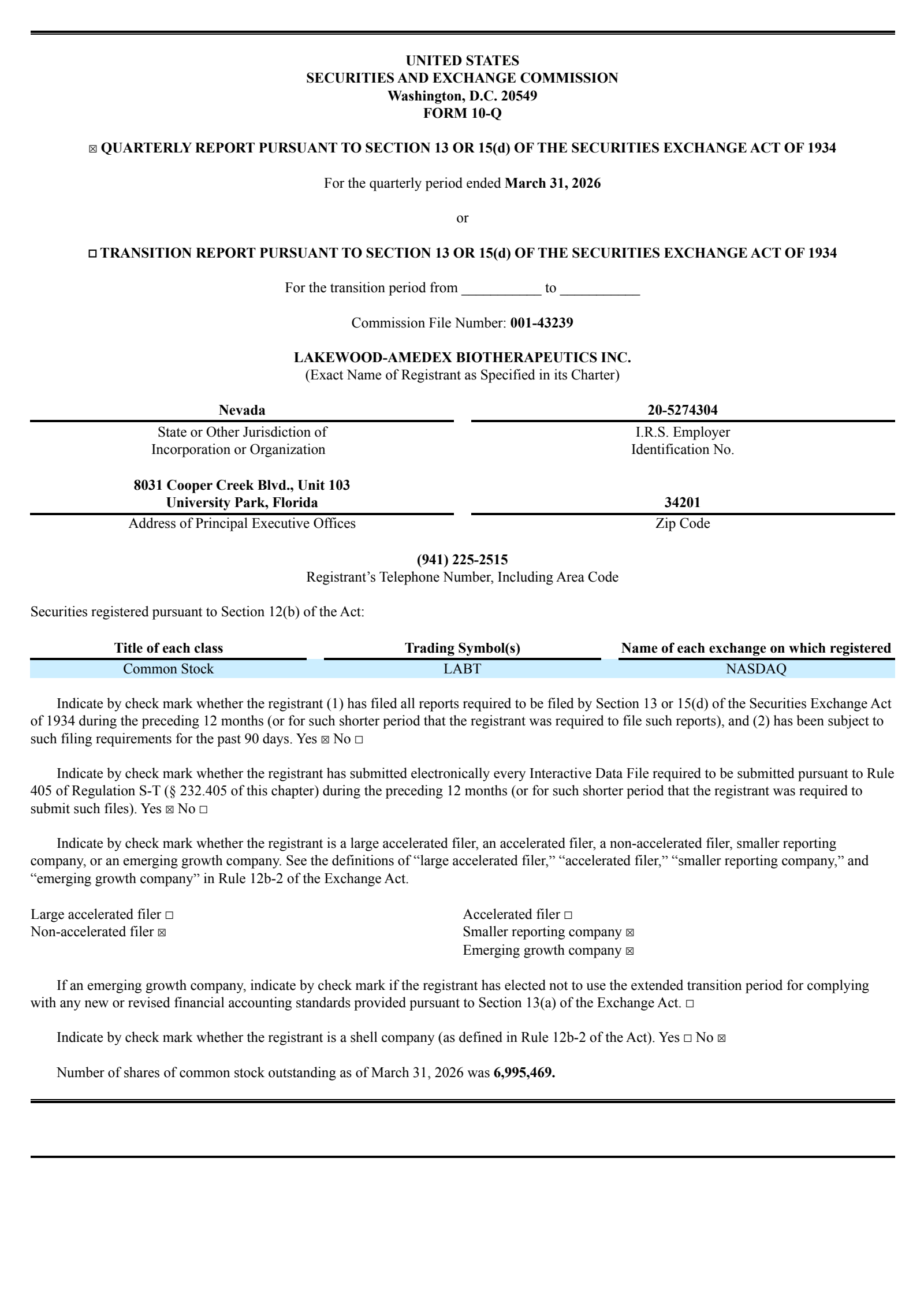 Lakewood-Amedex Biotherapeutics' Q1 2026 Quarterly report