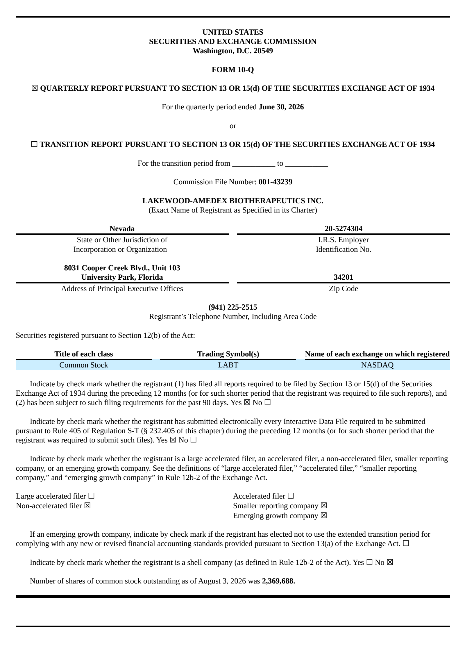 Lakewood-Amedex Biotherapeutics' Q2 2026 Quarterly report