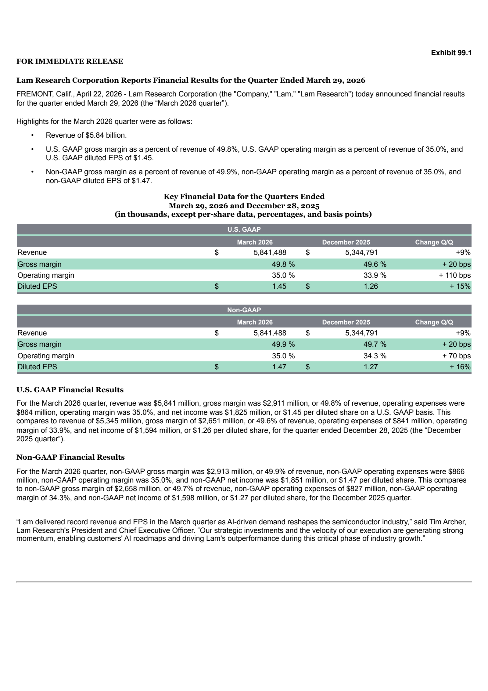 Lam Research's Q3 2026 Press Release
