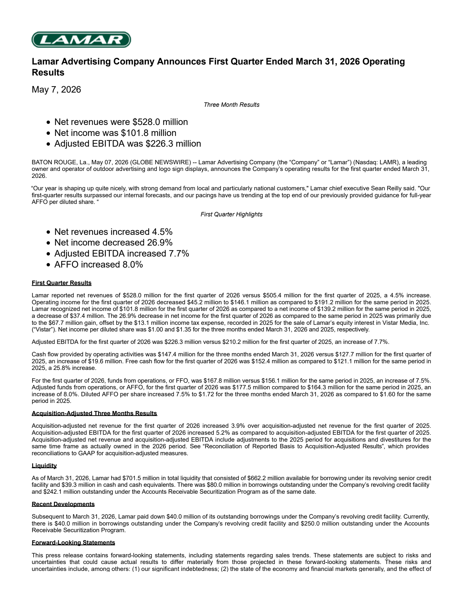 Lamar Advertising's Q1 2026 Press Release