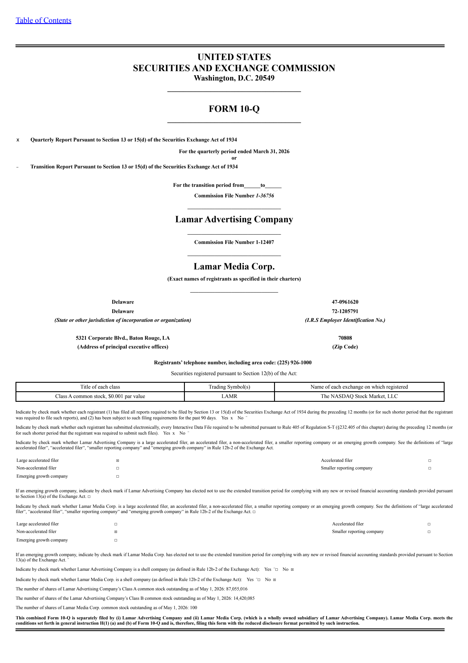 Lamar Advertising's Q1 2026 Quarterly report