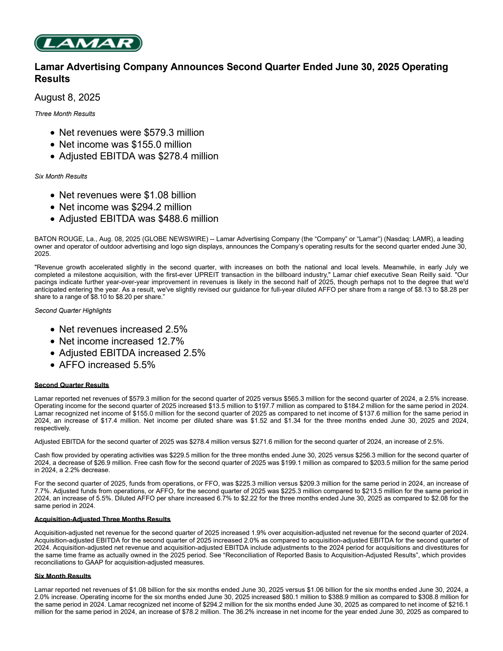 Lamar Advertising's Q2 2025 Press Release