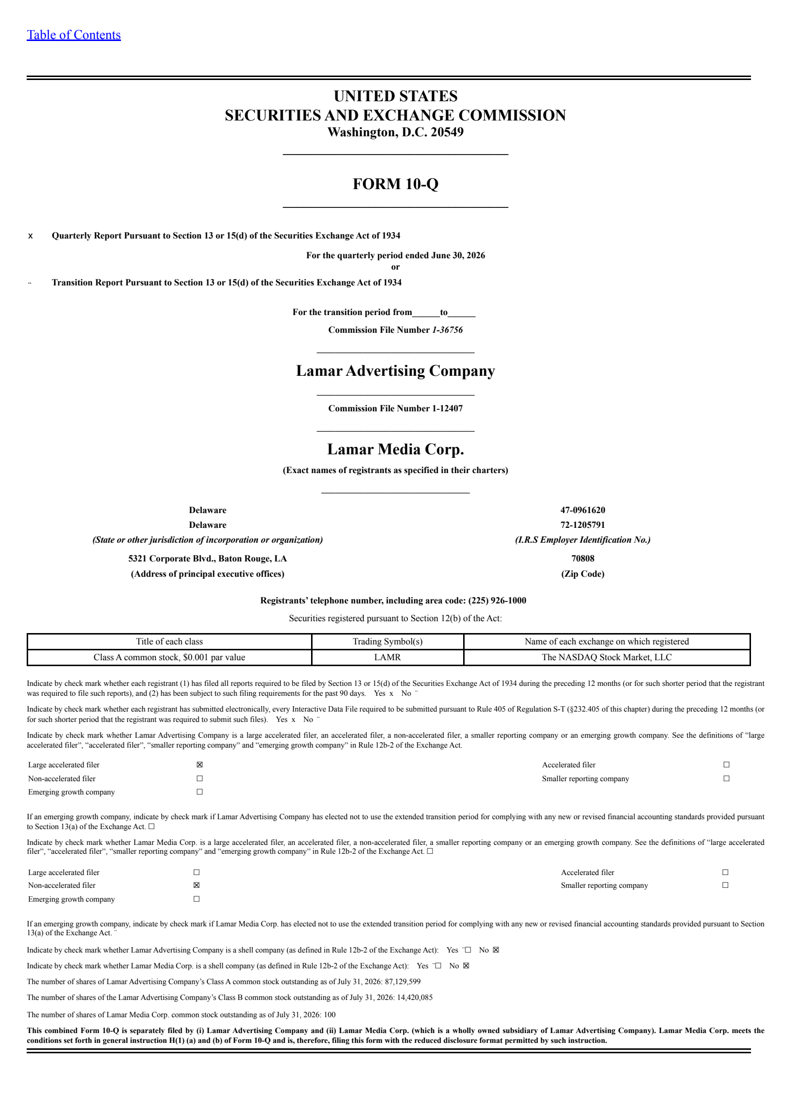 Lamar Advertising's Q2 2026 Quarterly report