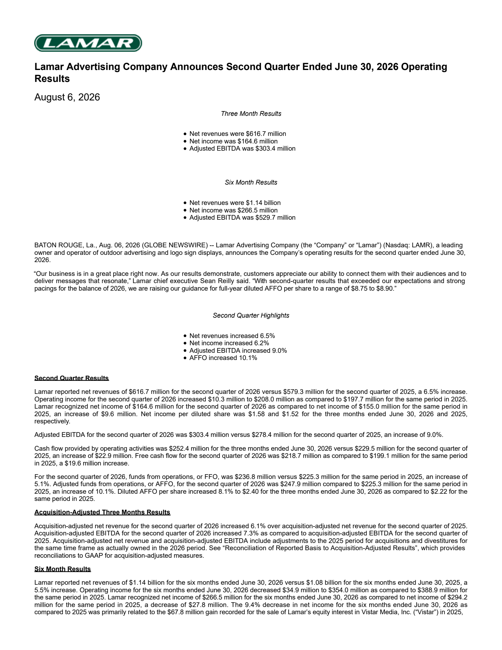 Lamar Advertising's Q2 2026 Press Release