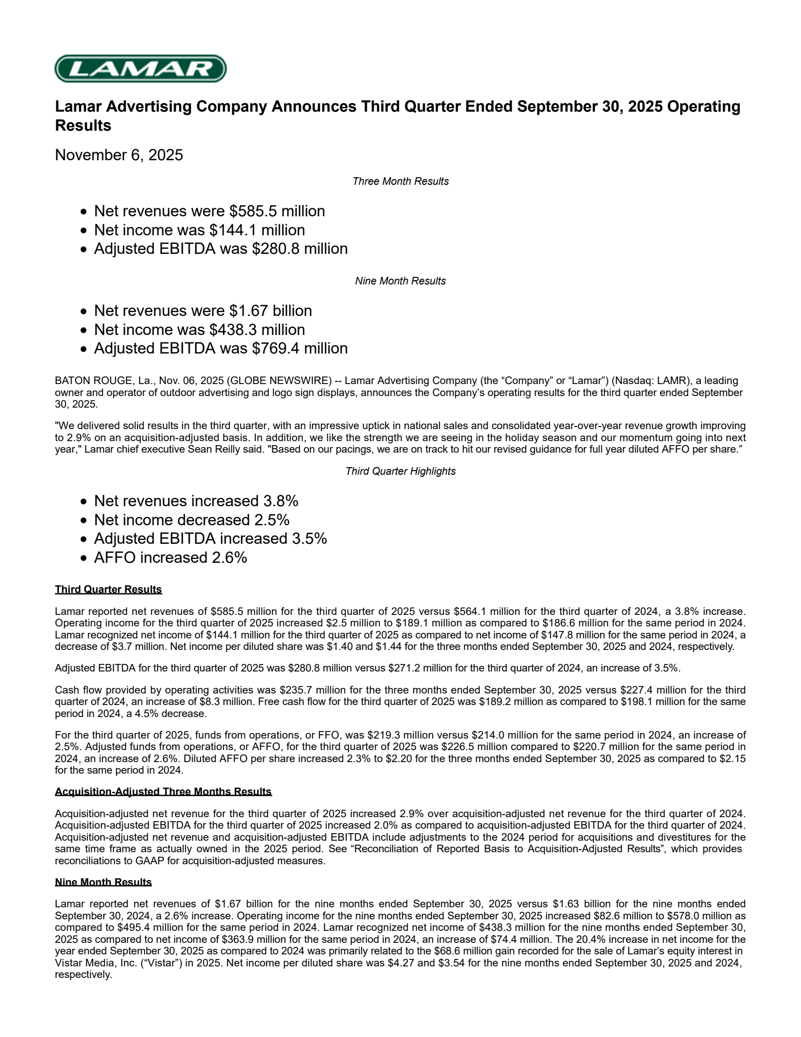 Lamar Advertising's Q3 2025 Earnings Release