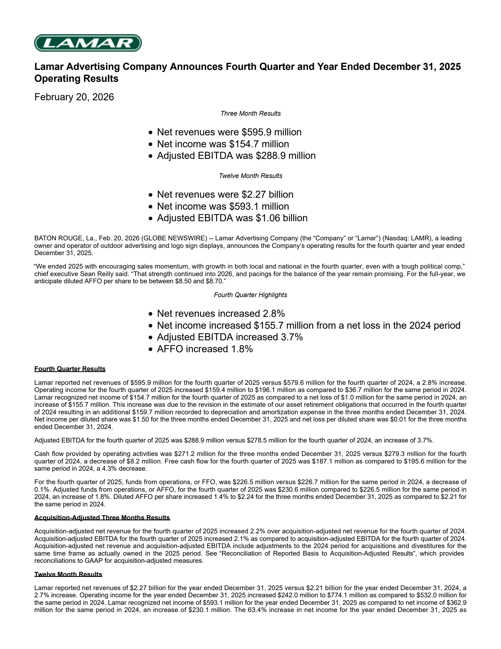 Lamar Advertising's Q4 2025 Press Release