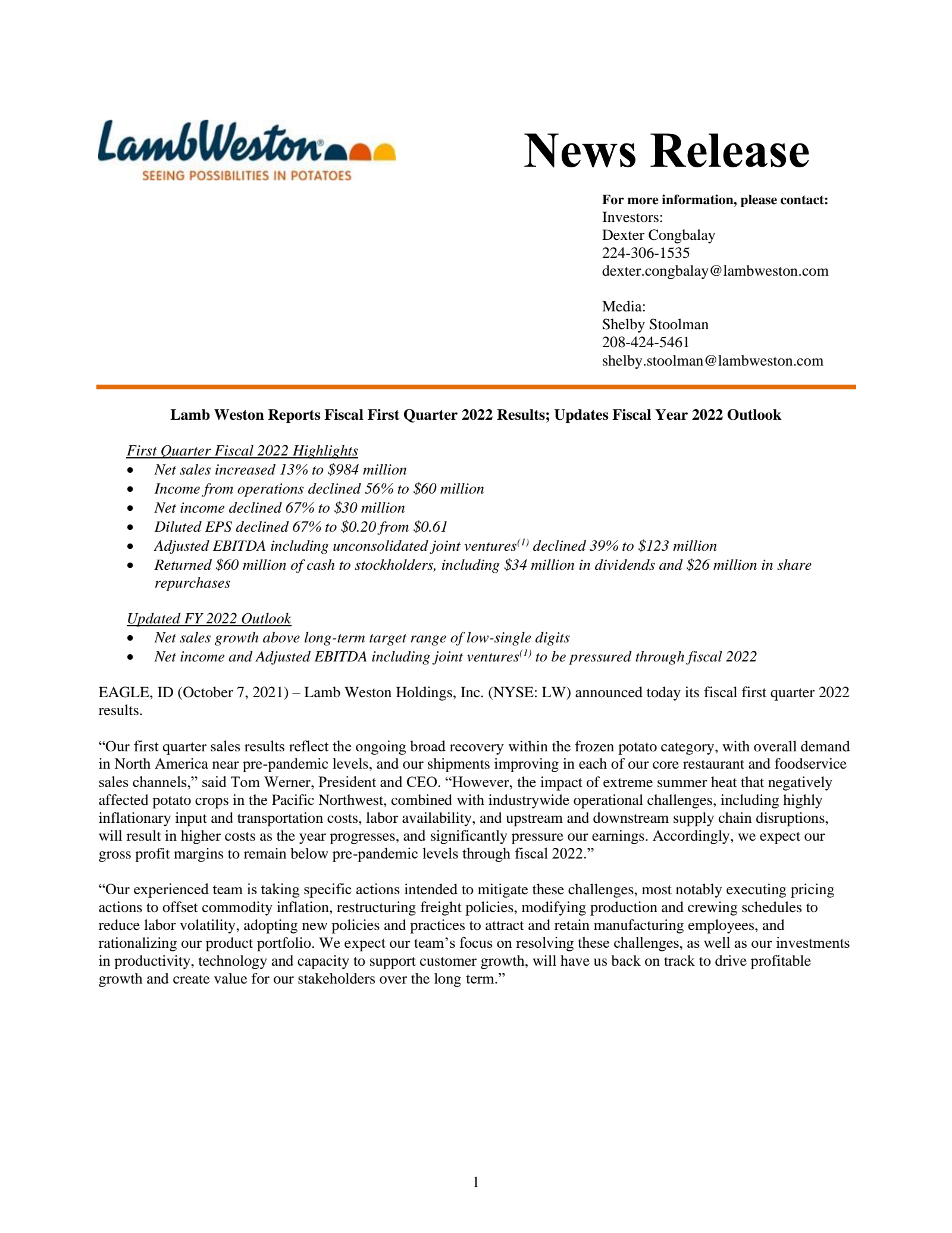 Lamb Weston's Q1 2022 Earnings Release