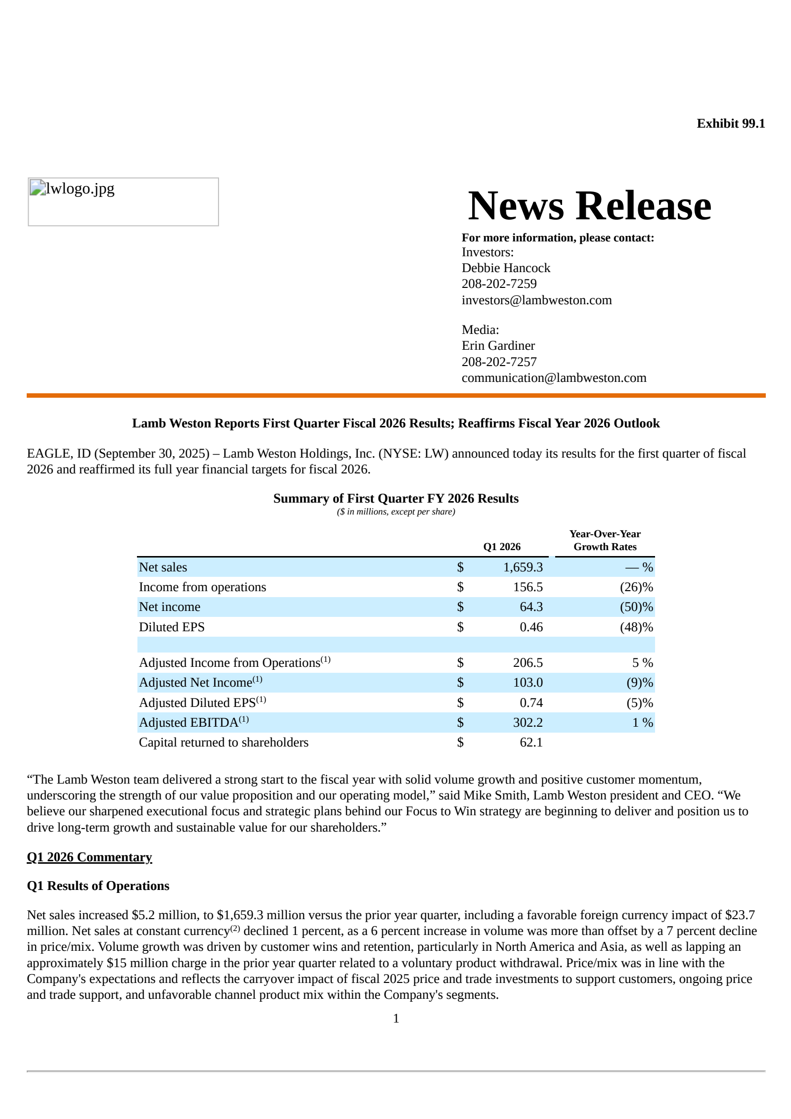 Lamb Weston's Q1 2026 Earnings Release