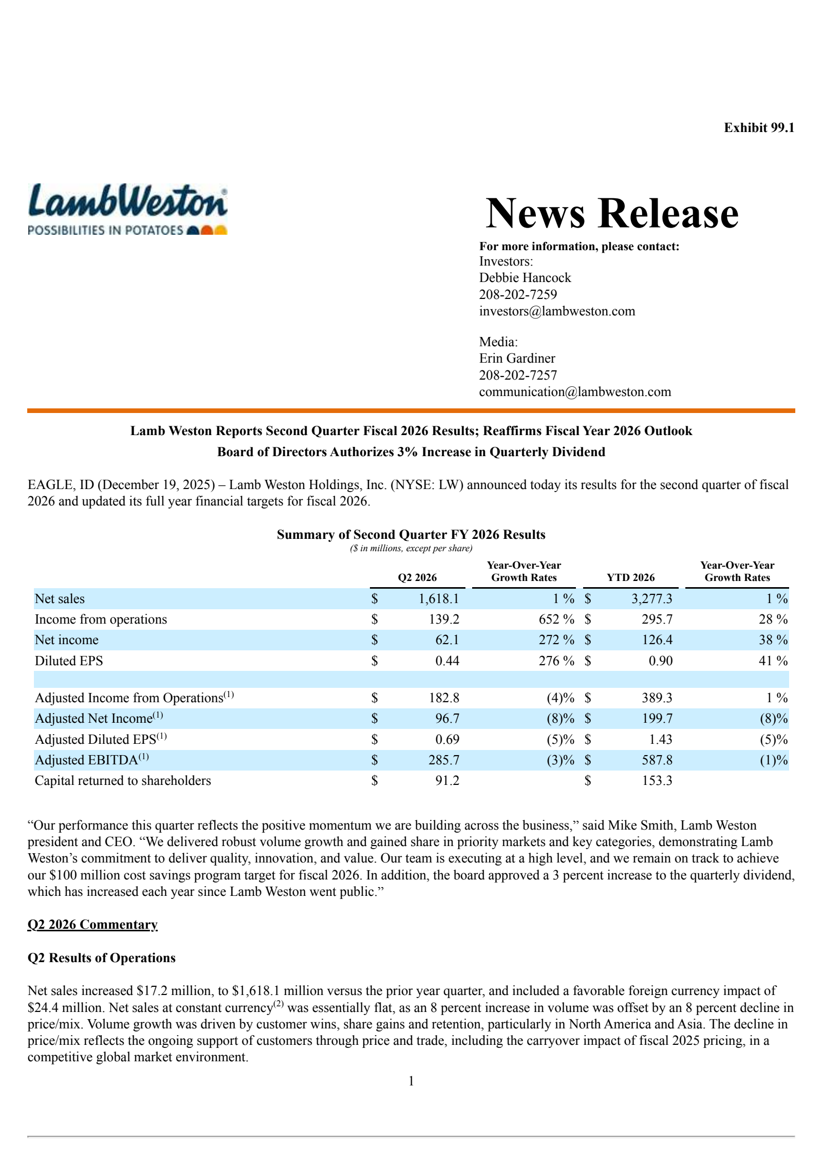 Lamb Weston's Q2 2026 Earnings Release