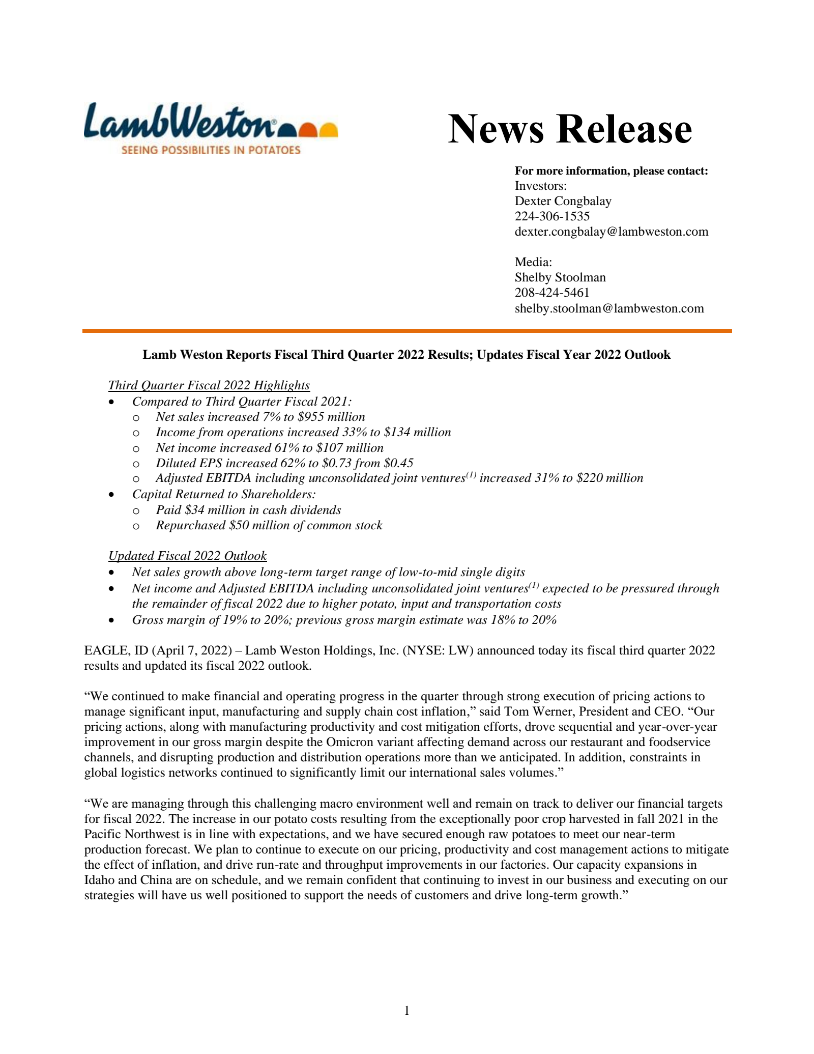 Lamb Weston's Q3 2022 Earnings Release