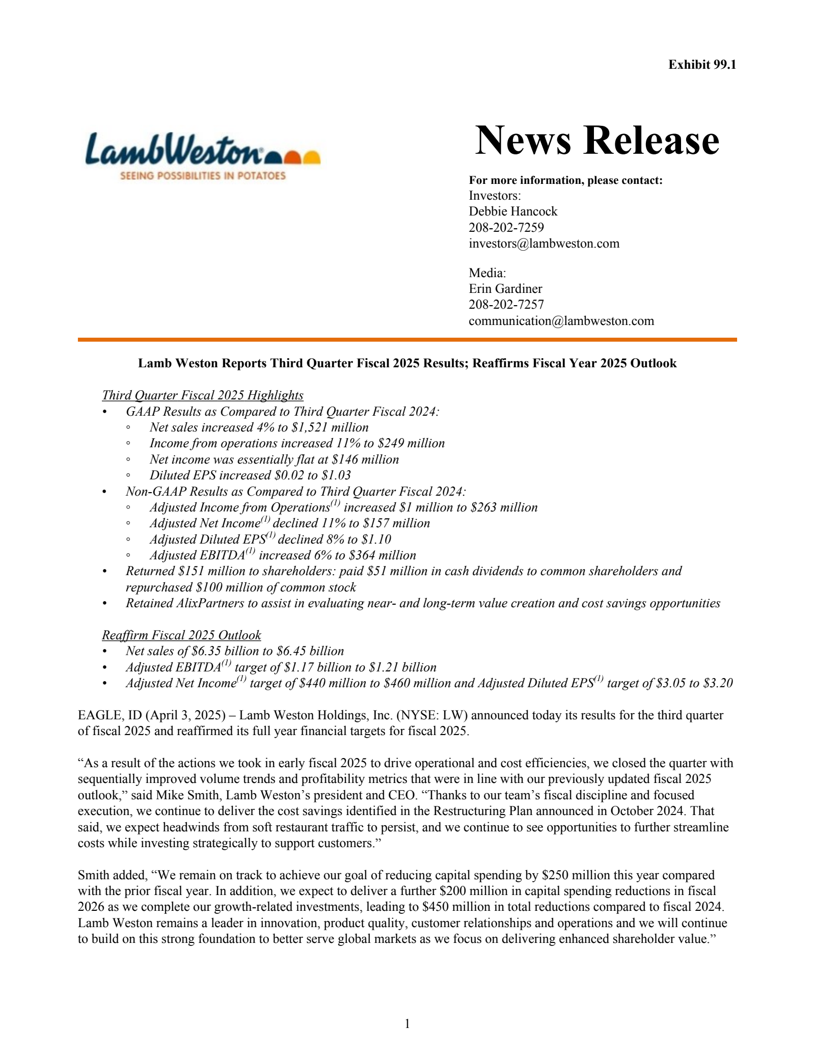 Lamb Weston's Q3 2025 Press Release