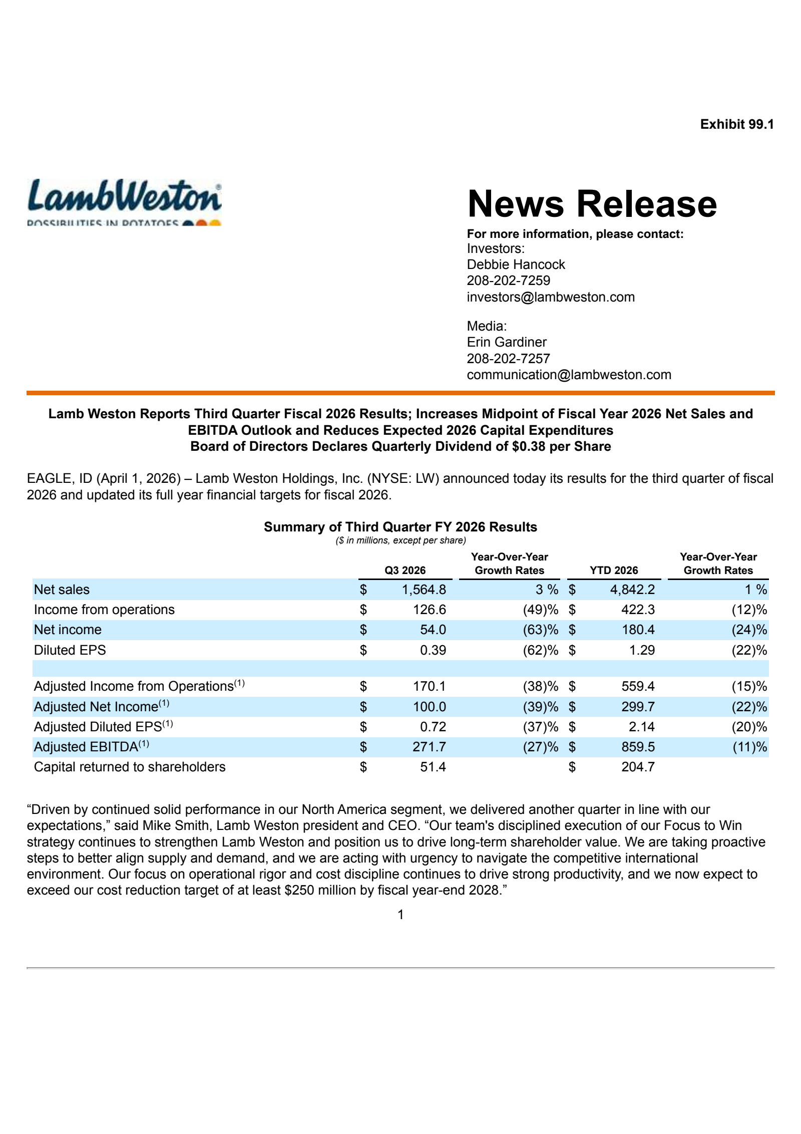 Lamb Weston's Q3 2026 Press Release