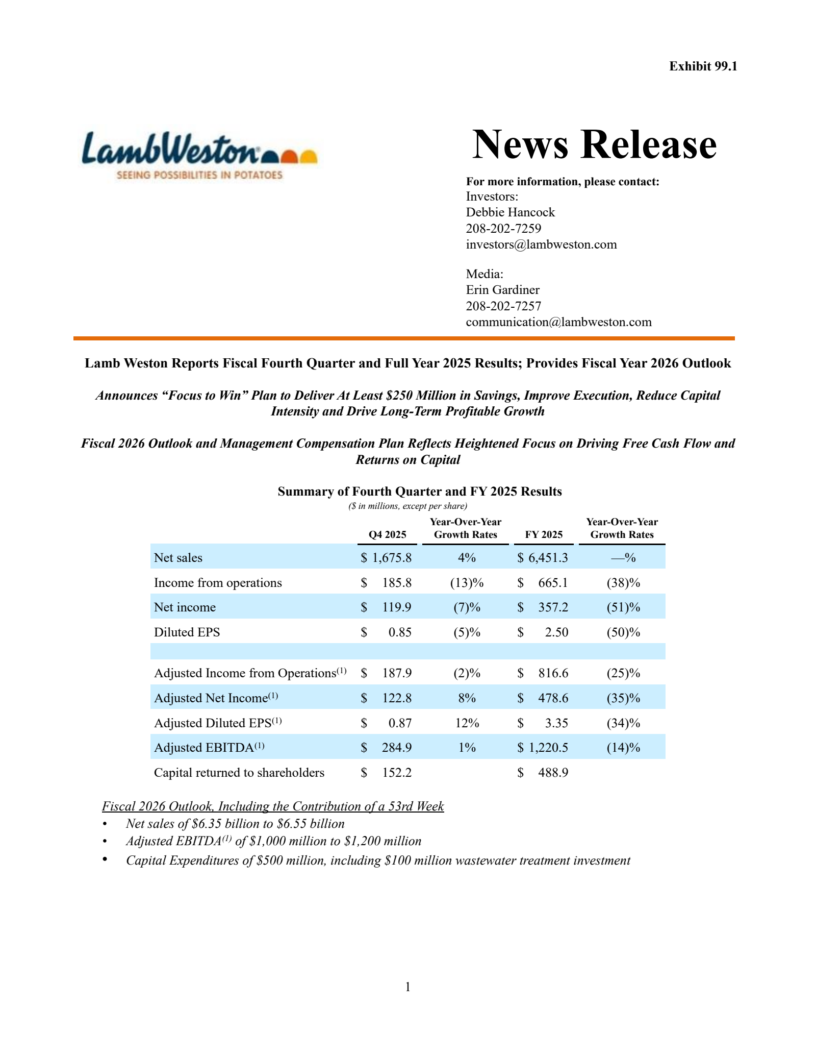 Lamb Weston's Q4 2025 Press Release