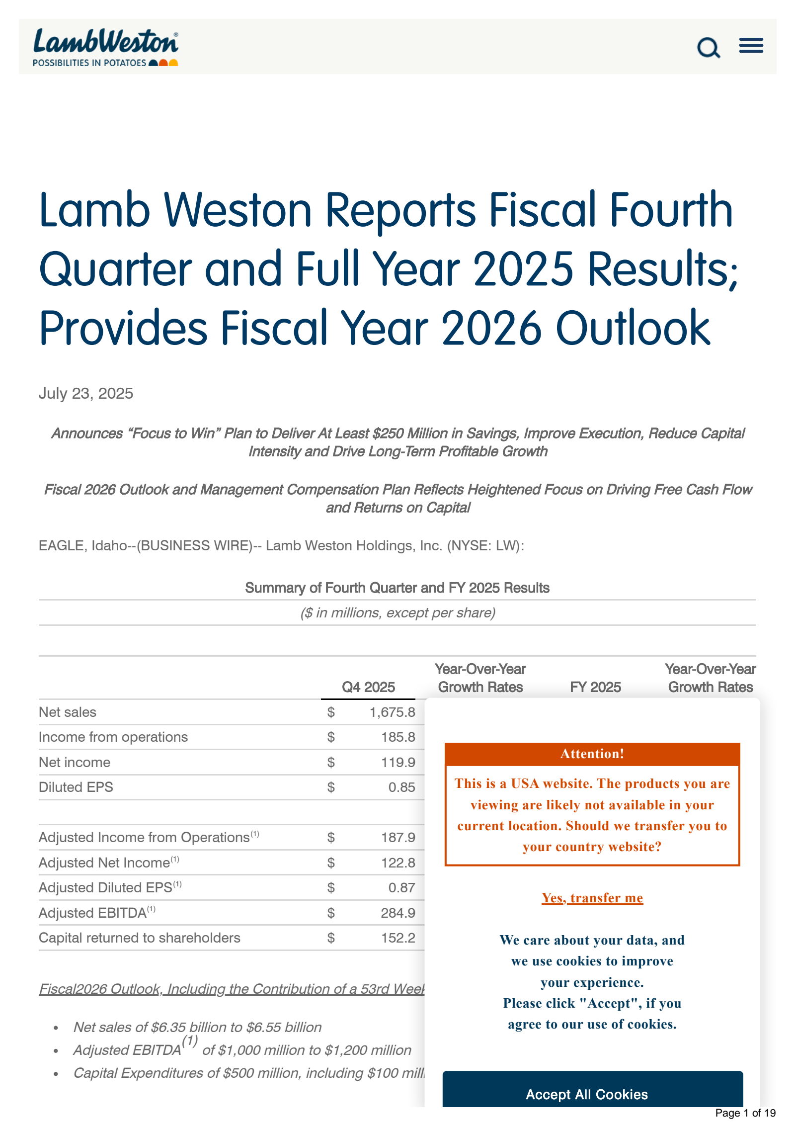 Lamb Weston's Q4 2025 Press Release