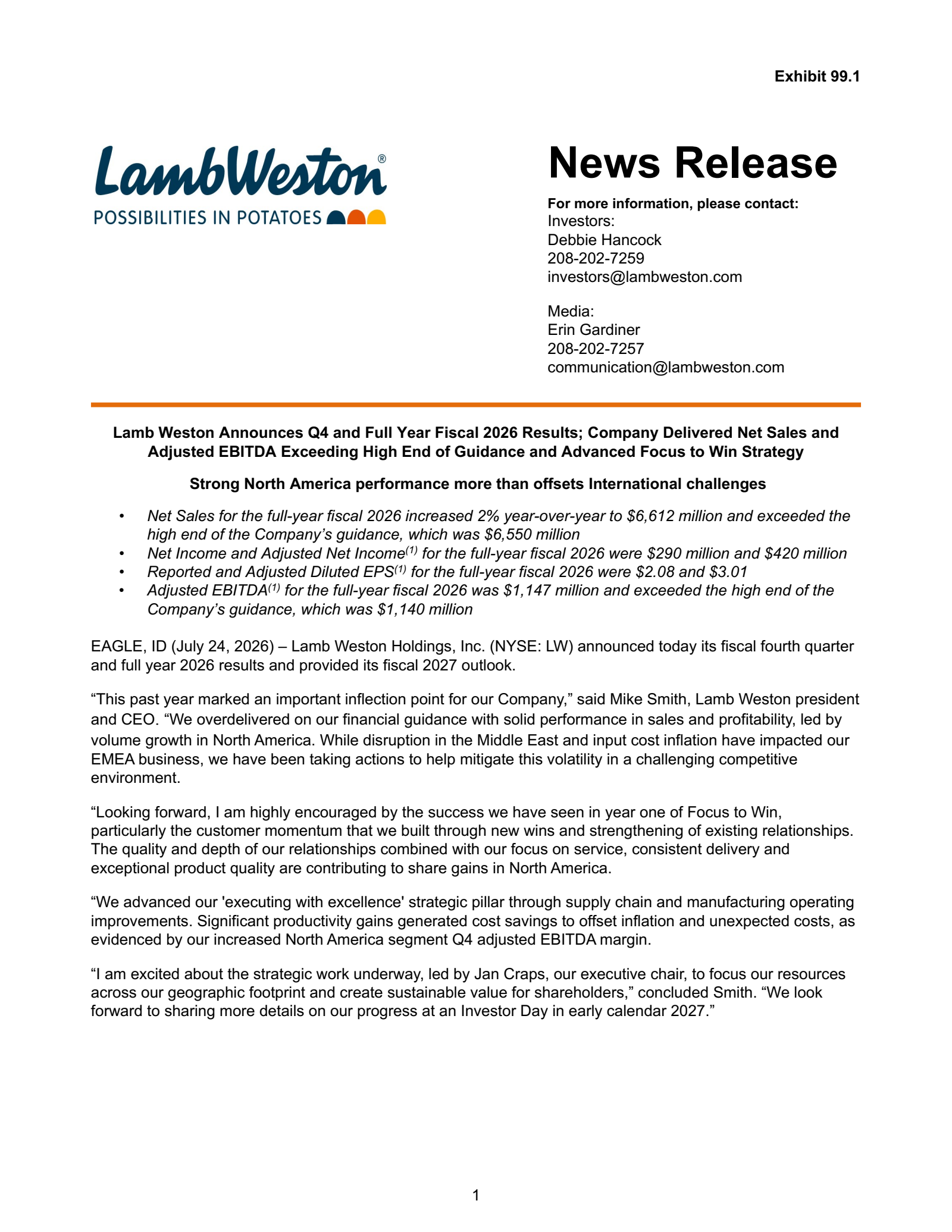 Lamb Weston's Q4 2026 Press Release