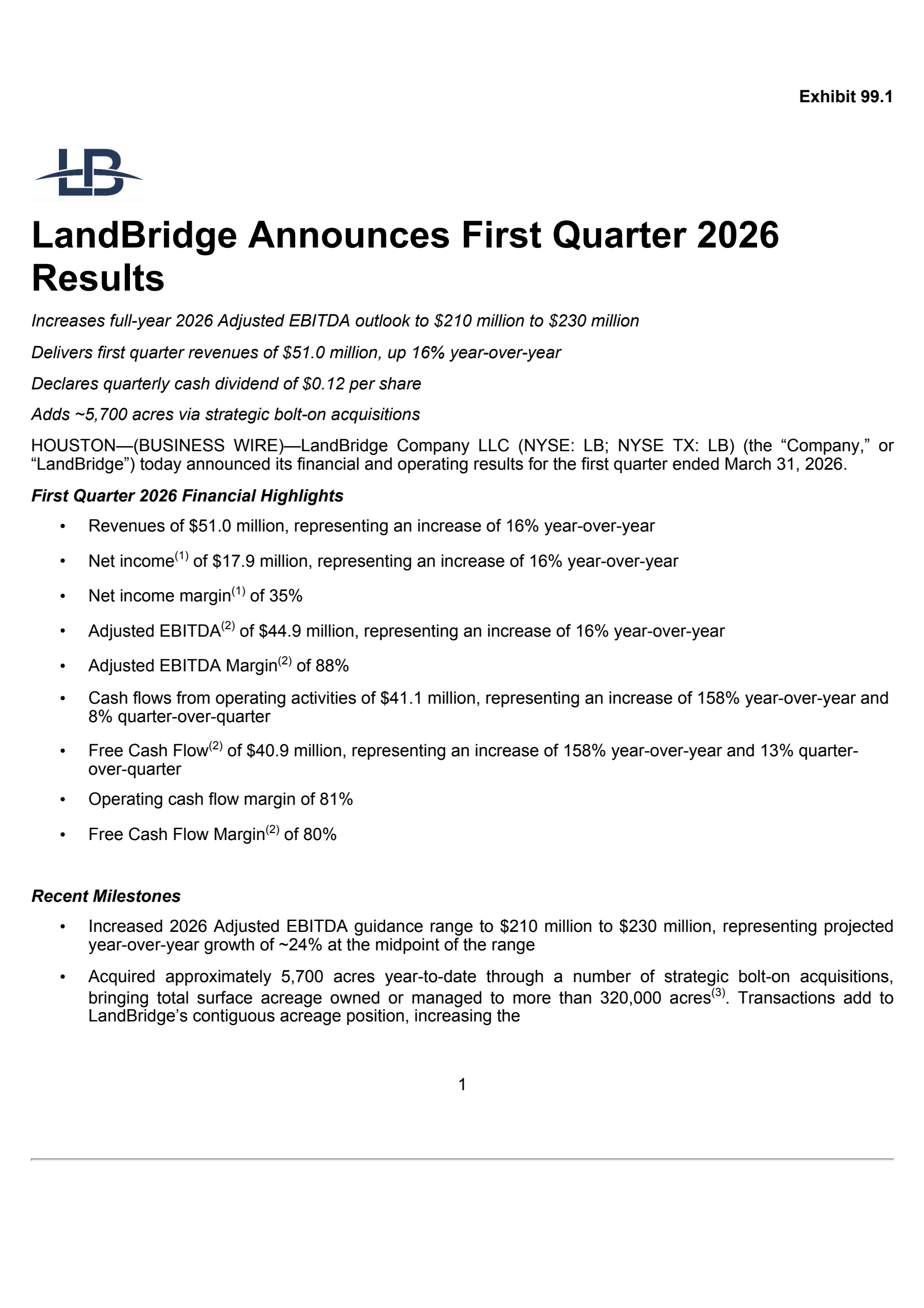 LandBridge's Q1 2026 Press Release
