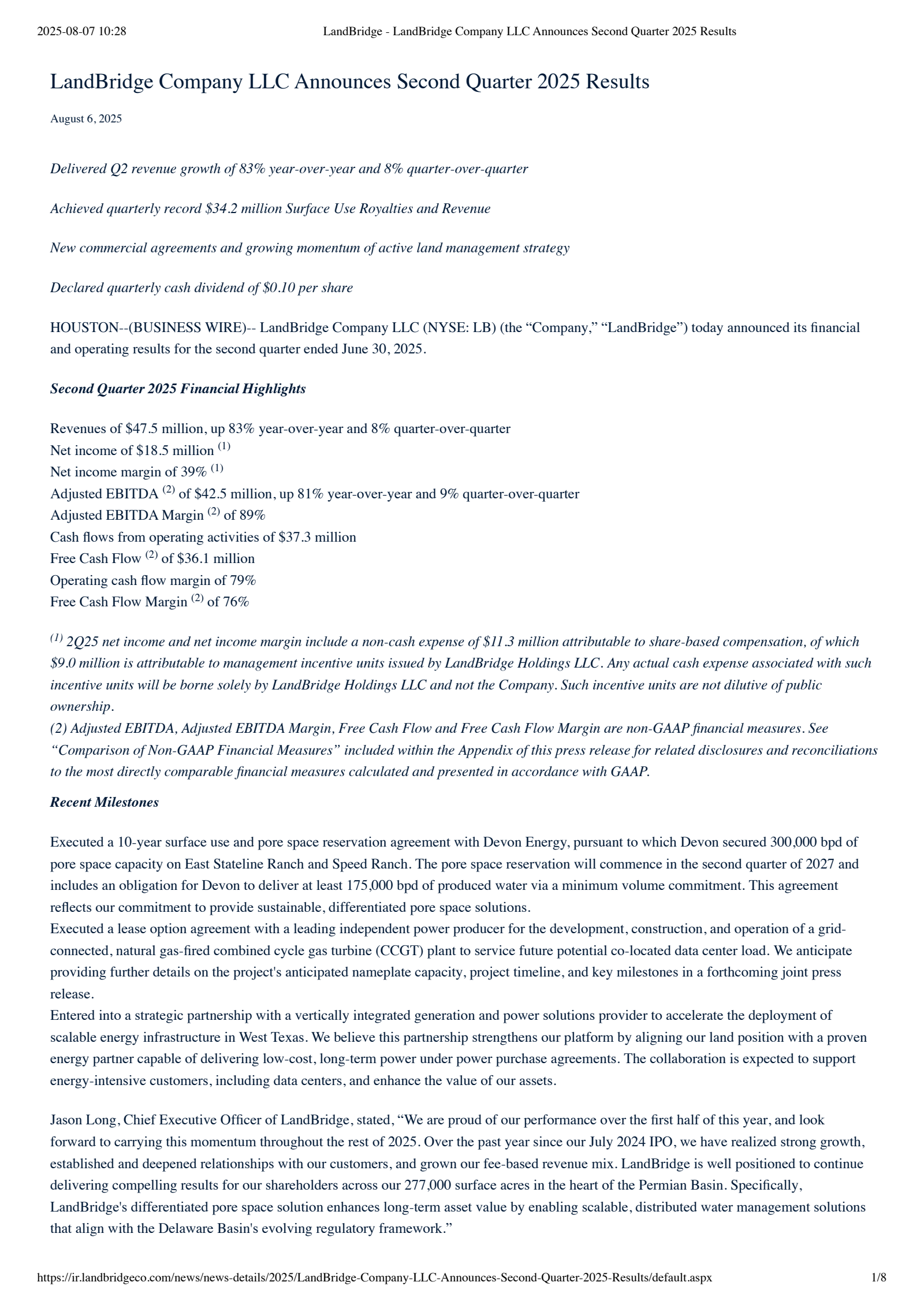 LandBridge's Q2 2025 Press Release