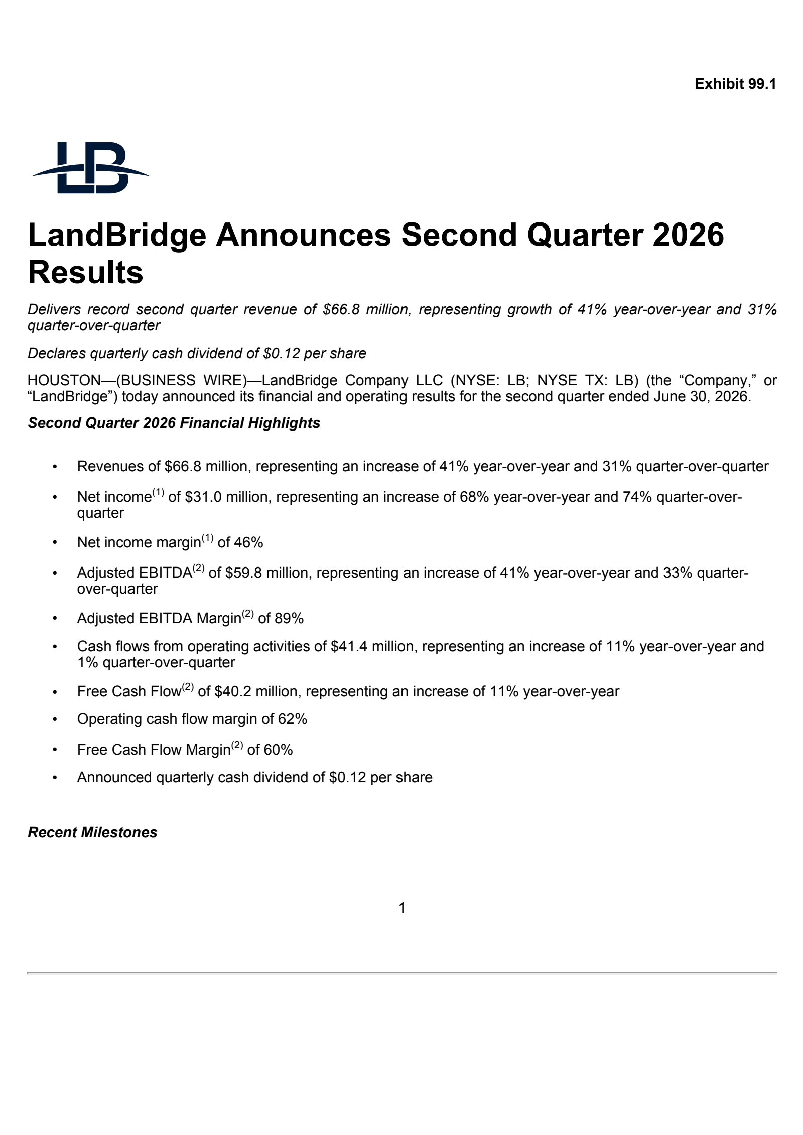 LandBridge's Q2 2026 Press Release
