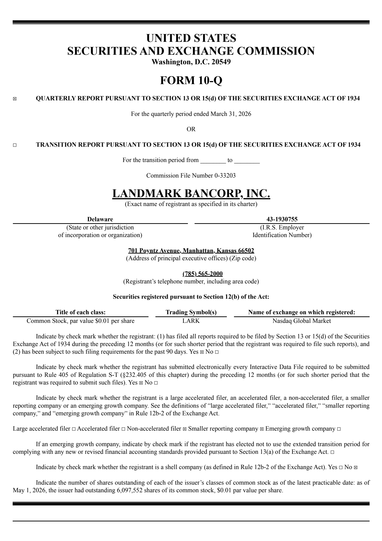Landmark Bancorp's Q1 2026 Quarterly report