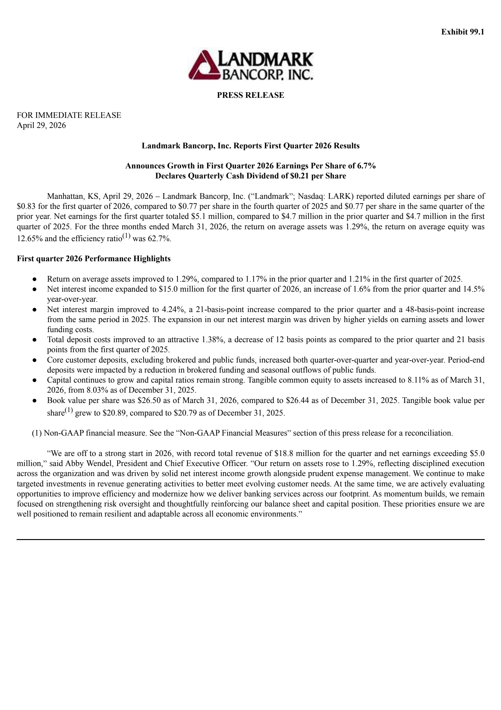 Landmark Bancorp's Q1 2026 Press Release