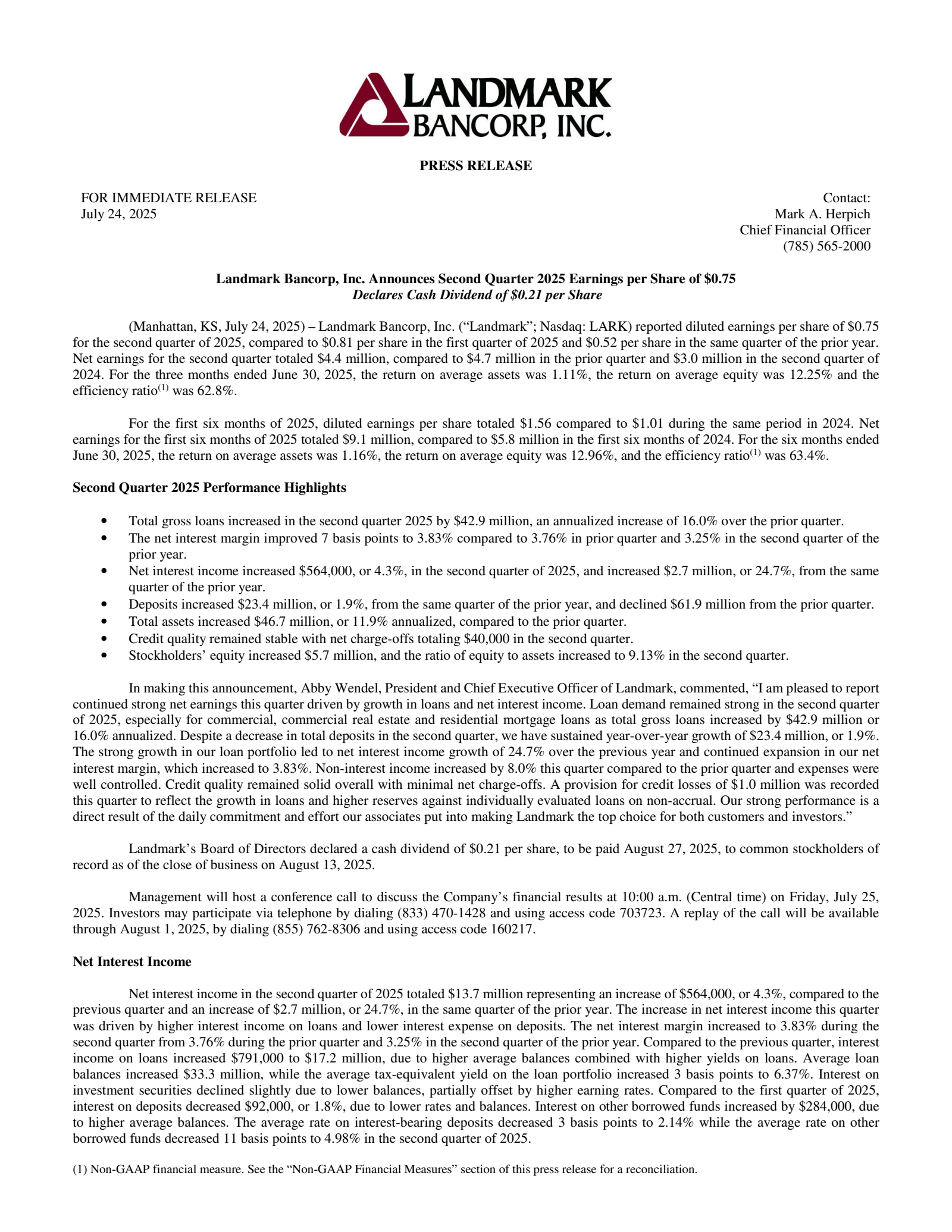 Landmark Bancorp's Q2 2025 Press Release