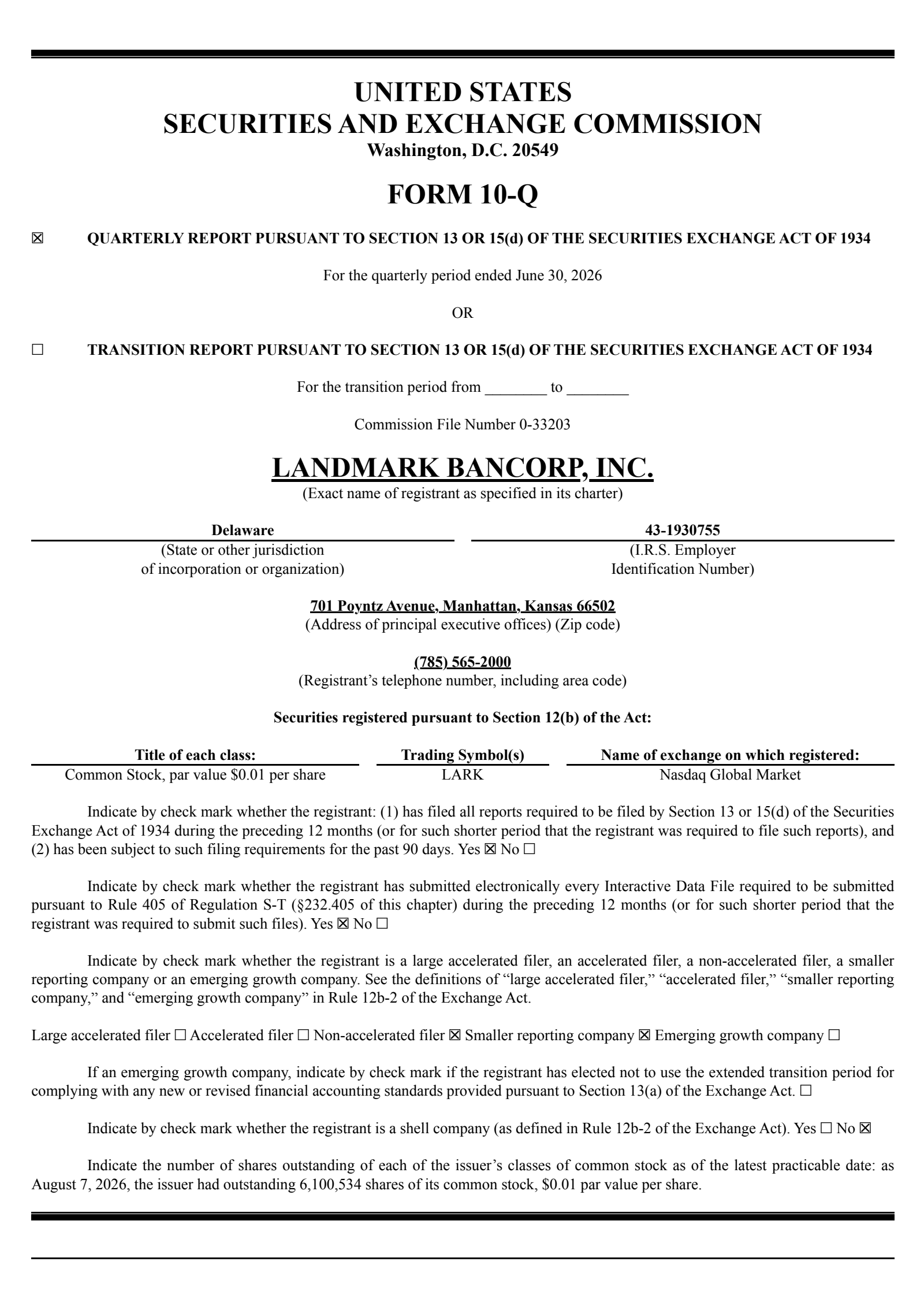 Landmark Bancorp's Q2 2026 Quarterly report