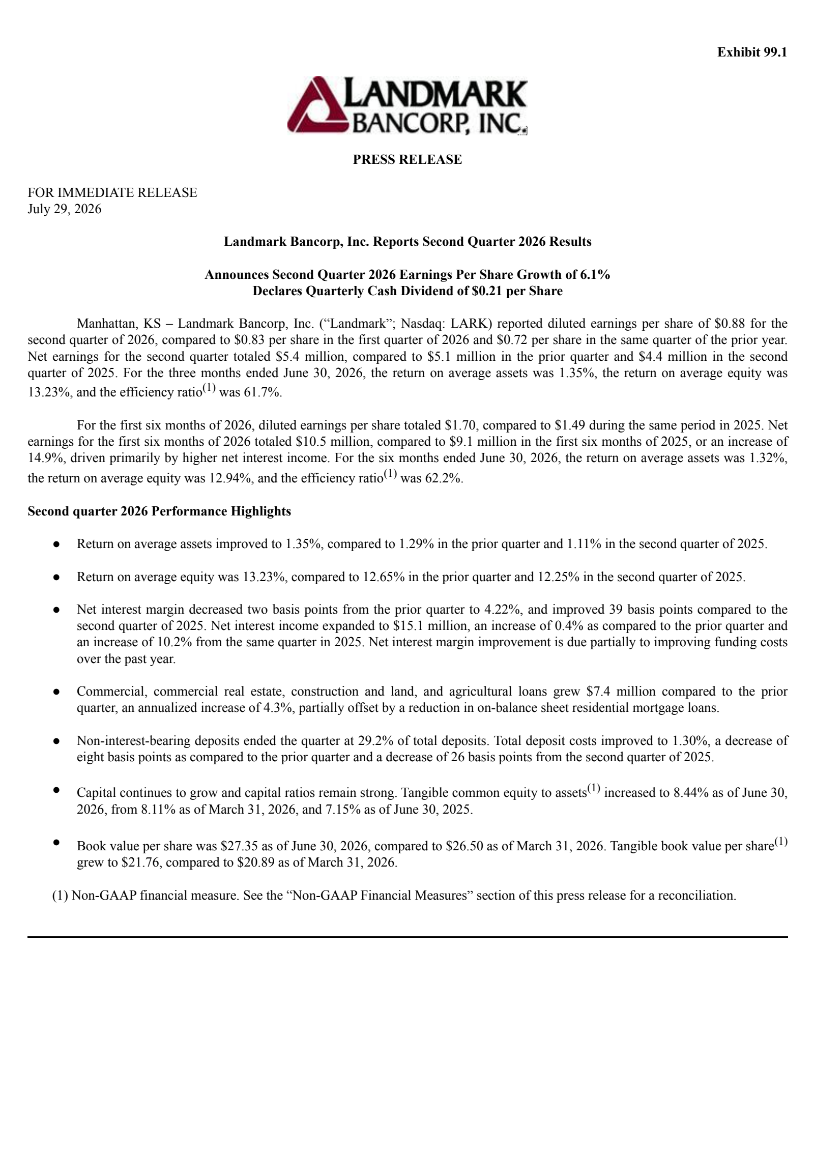 Landmark Bancorp's Q2 2026 Press Release