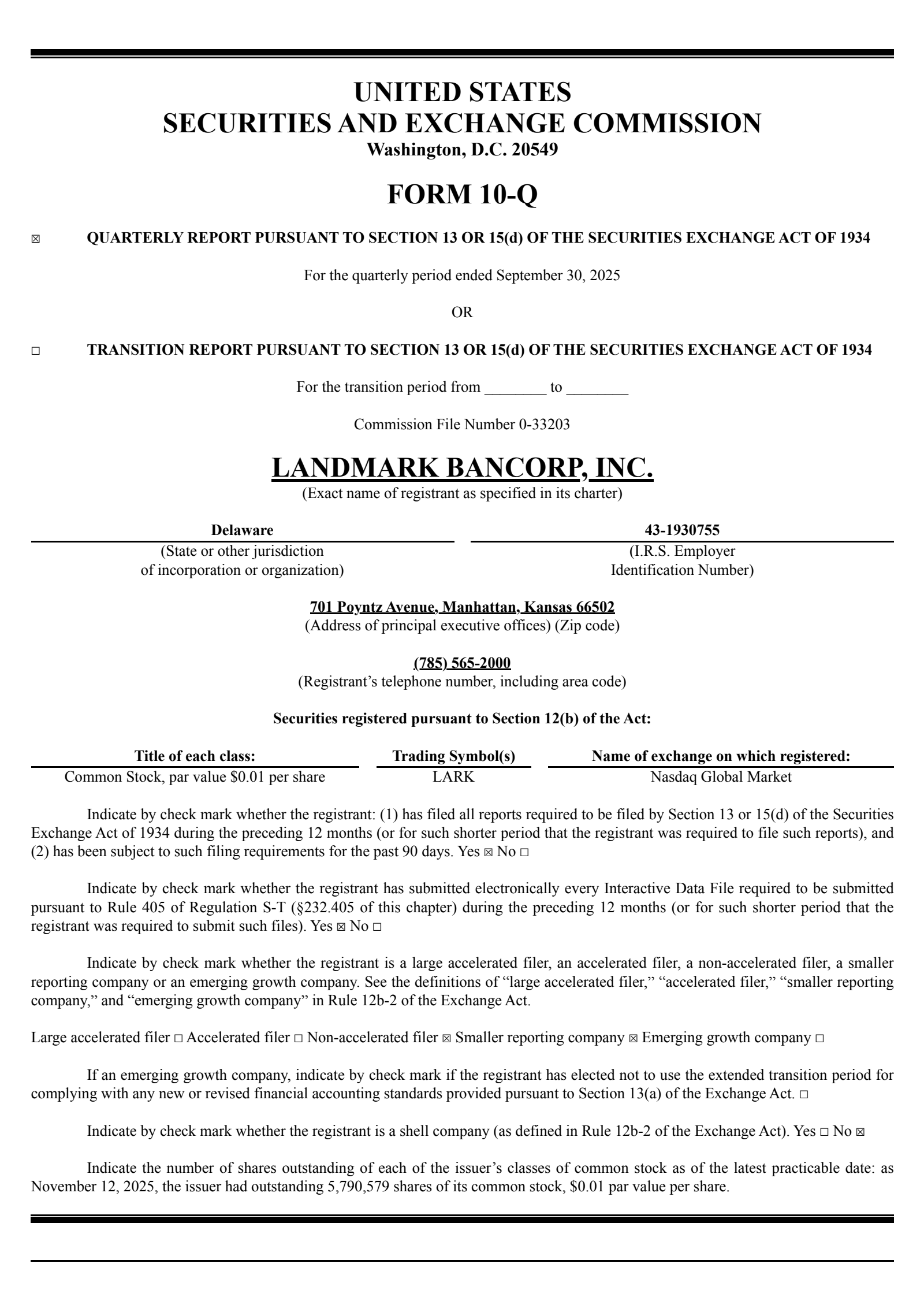 Landmark Bancorp's Q3 2025 Quarterly Report