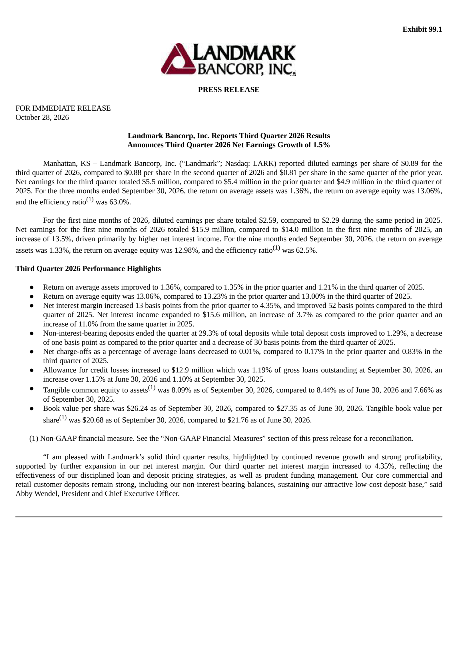 Landmark Bancorp's Q3 2026 Press Release
