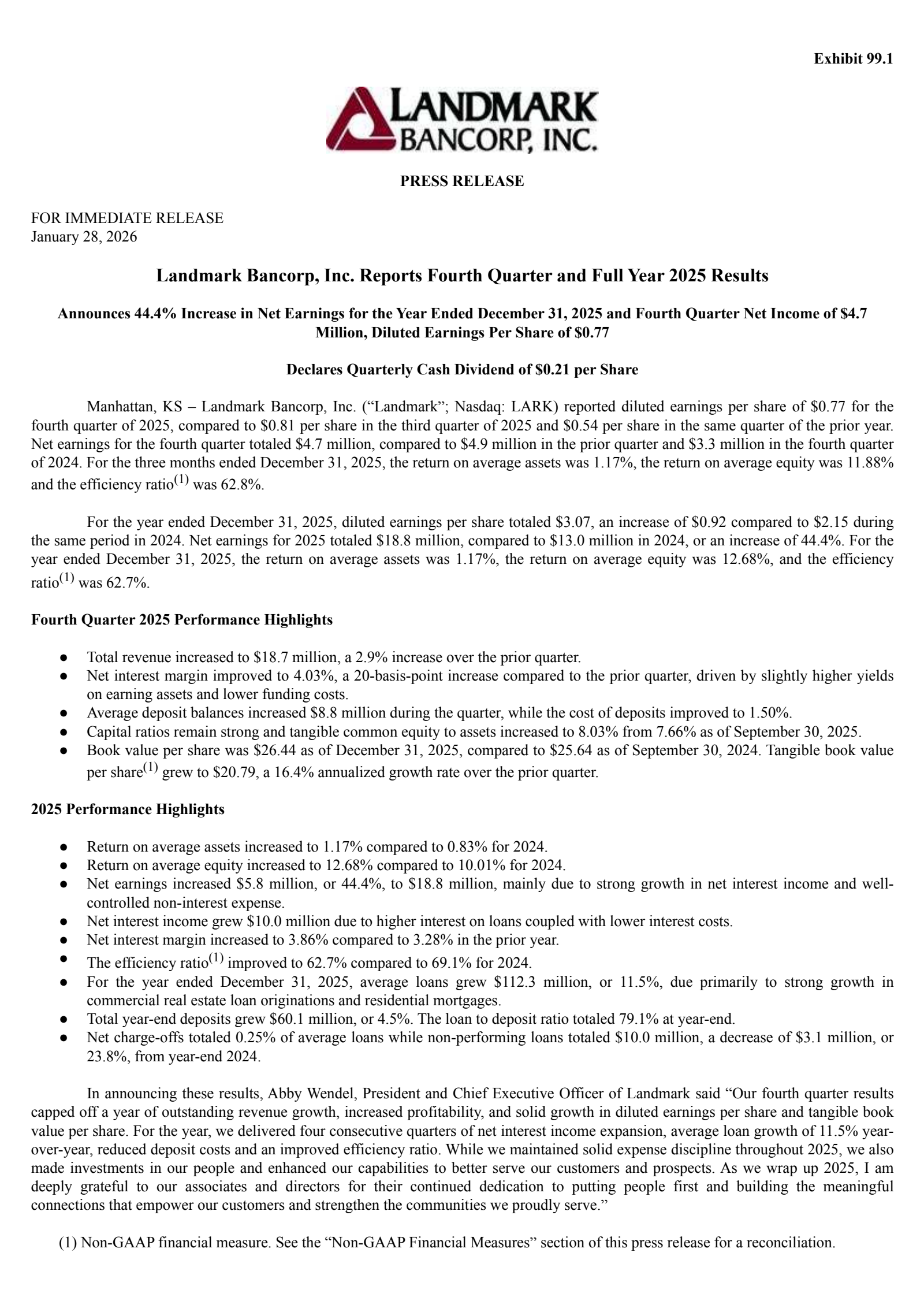 Landmark Bancorp's Q4 2025 Press Release
