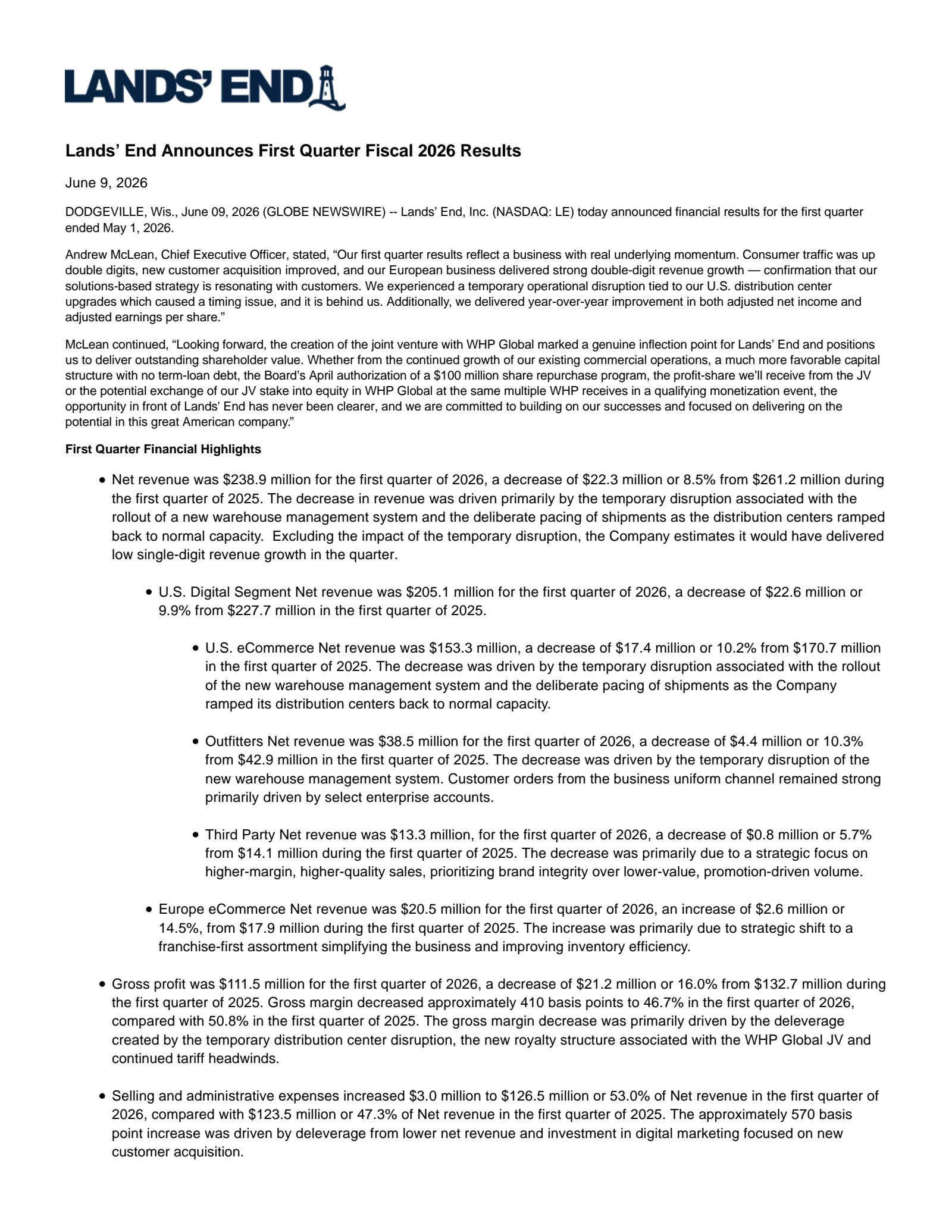 Lands' End's Q1 2027 Press Release