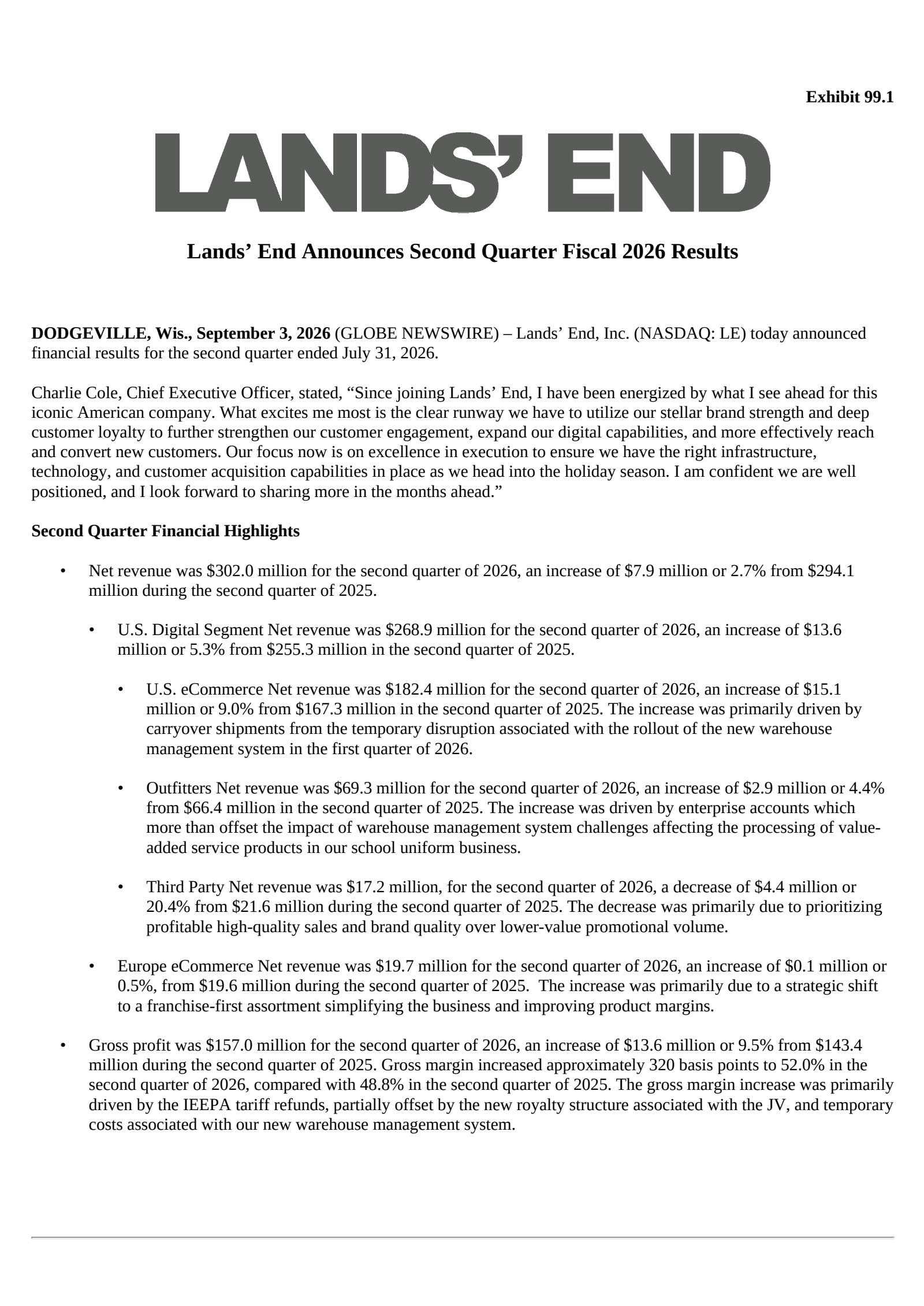 Lands' End's Q2 2027 Press Release