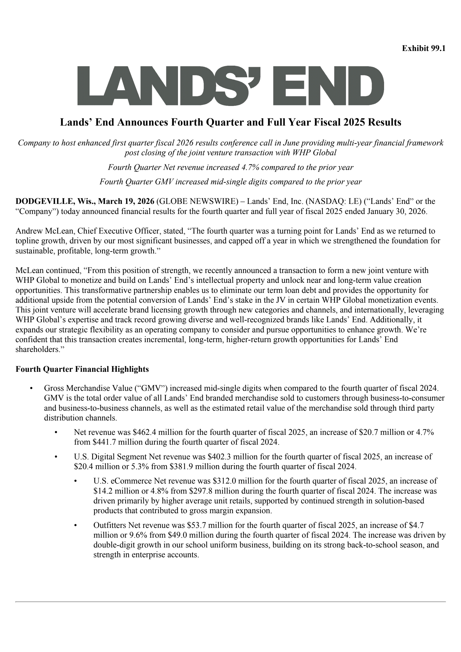 Lands' End's Q4 2026 Press Release