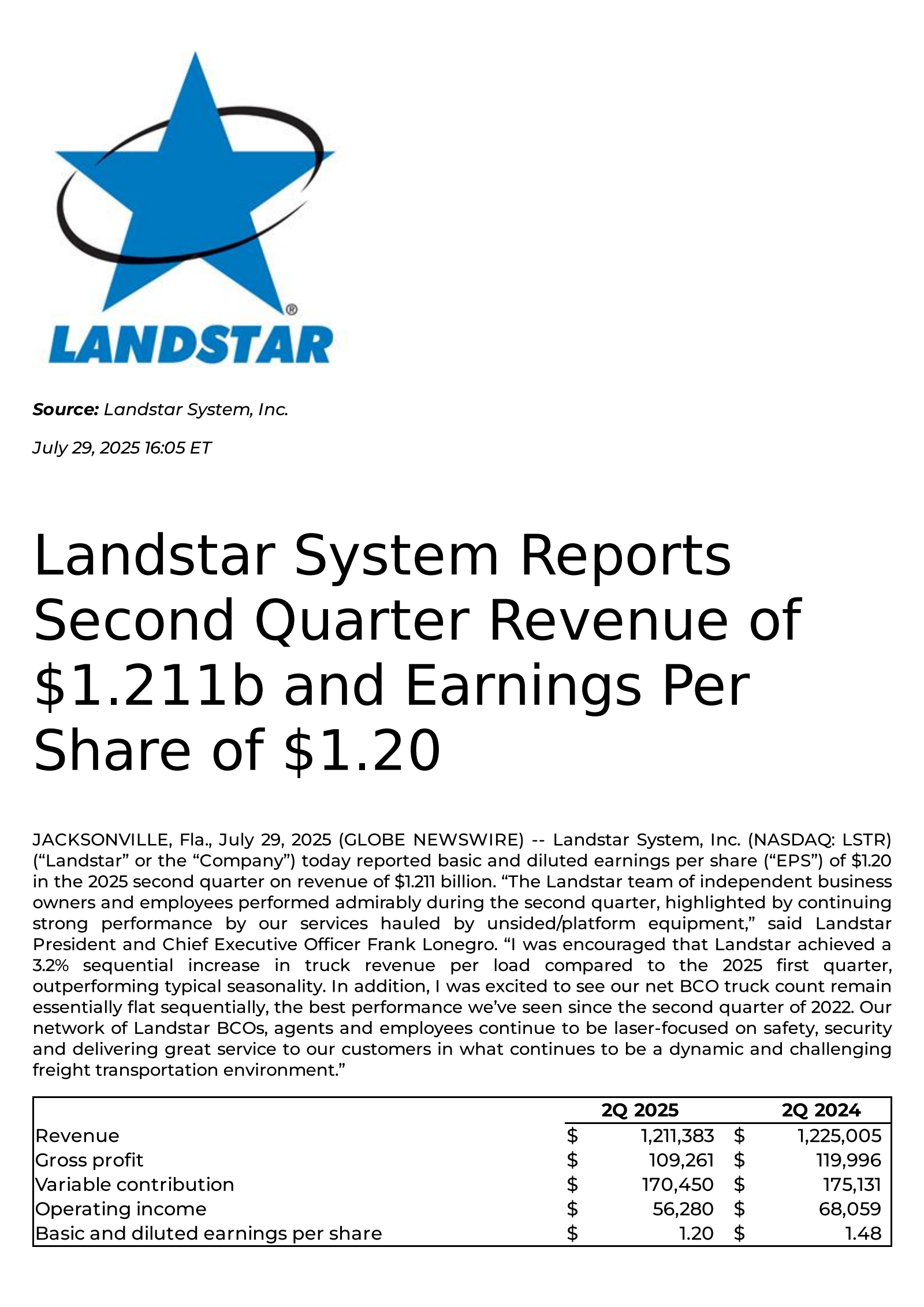Landstar System's Q2 2025 Press Release