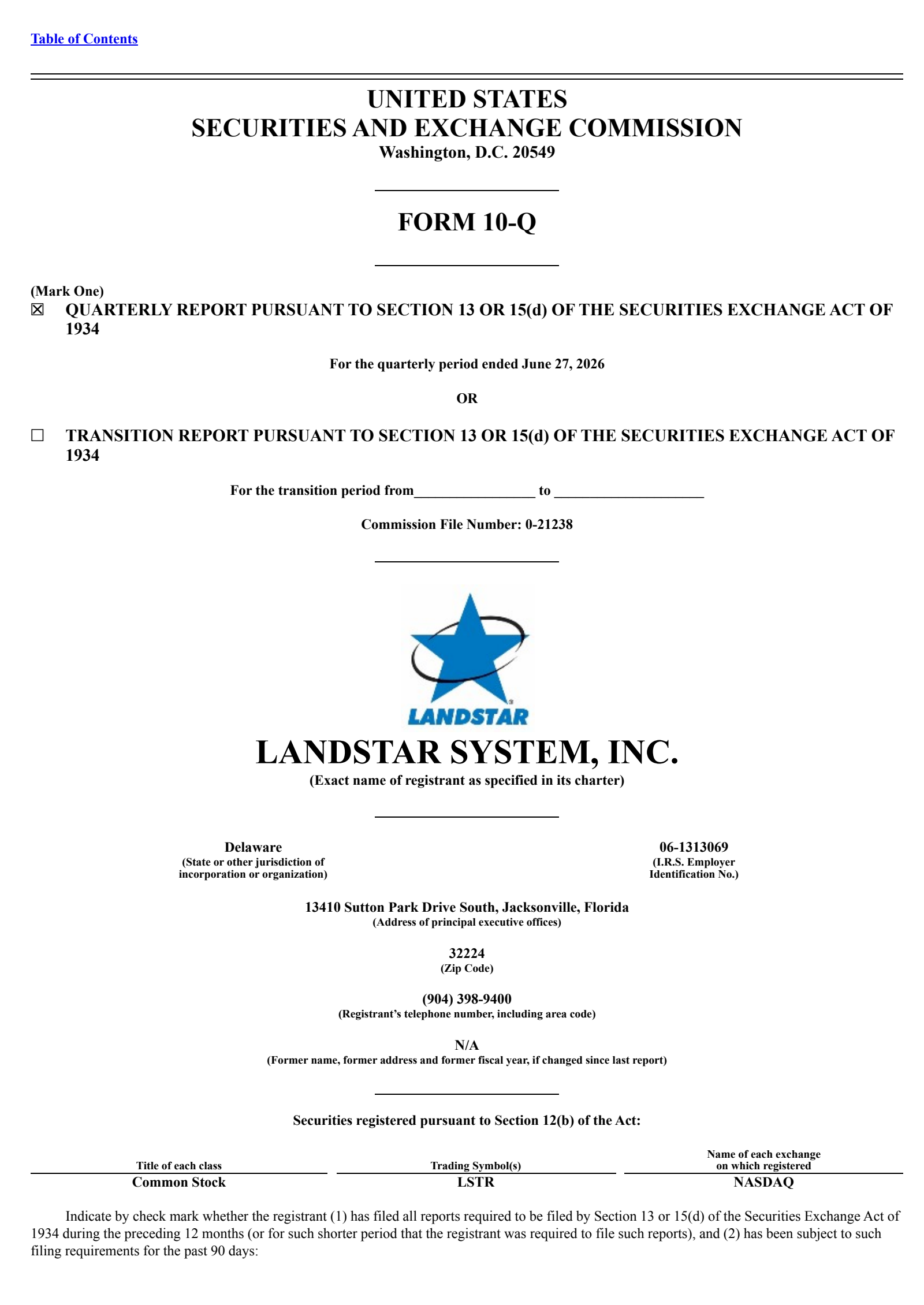 Landstar System's Q2 2026 Quarterly report