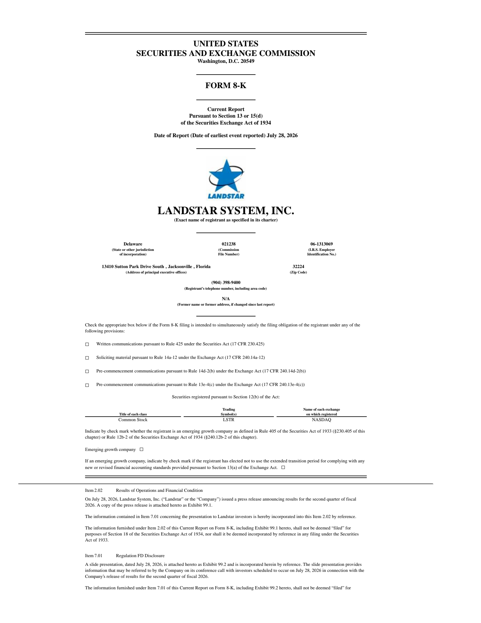 Landstar System's Q2 2026 Press Release