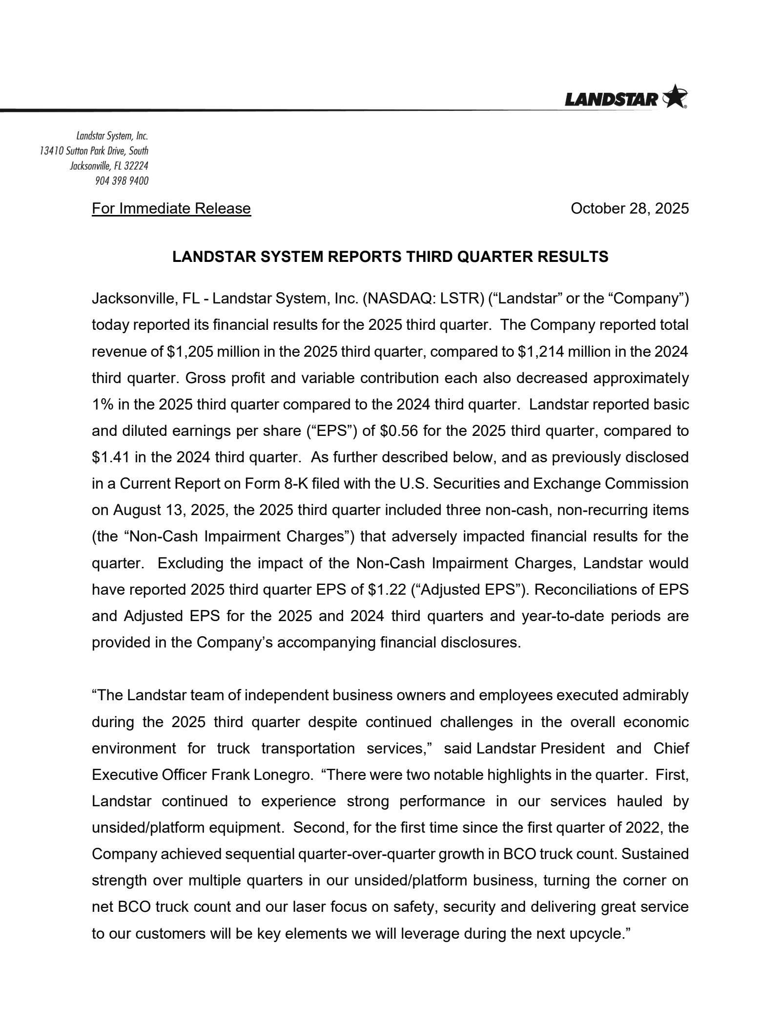 Landstar System's Q3 2025 Earnings Release