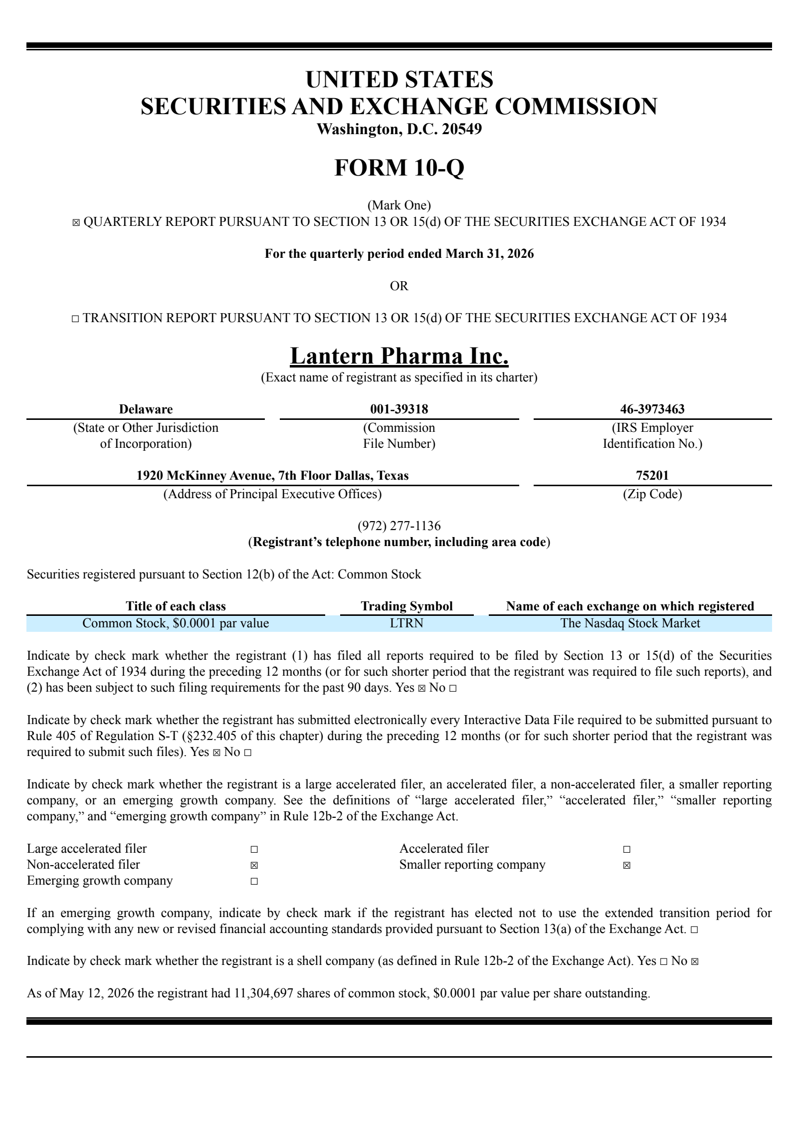 Lantern Pharma's Q1 2026 Quarterly report