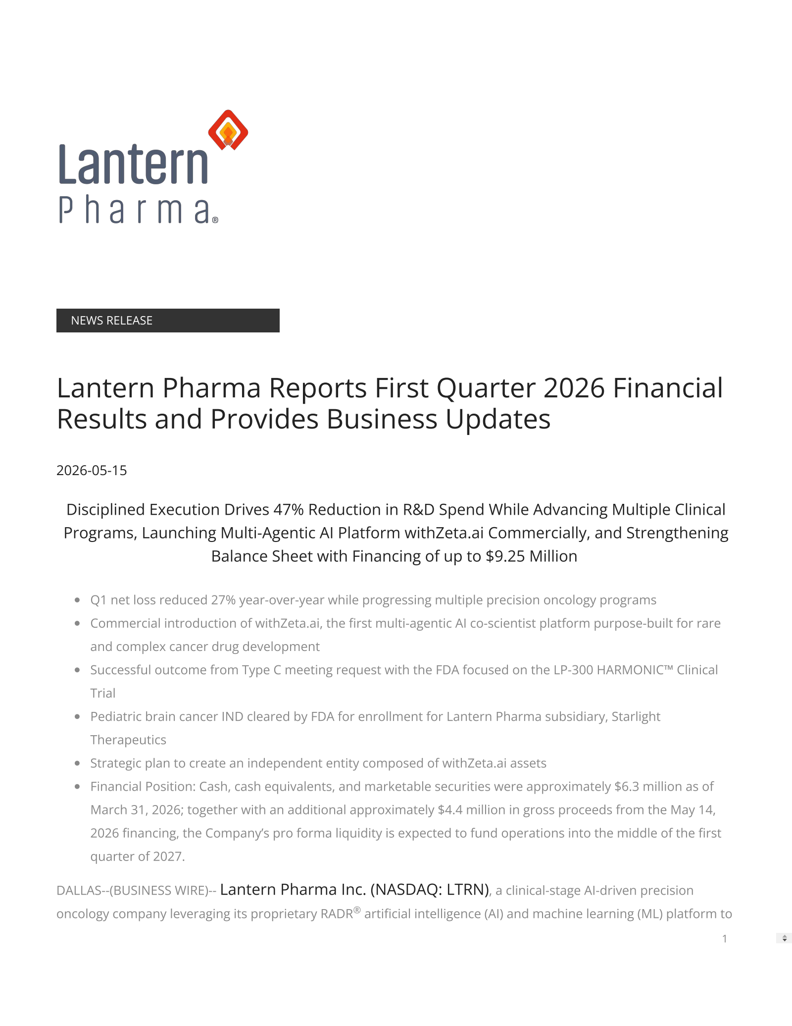 Lantern Pharma's Q1 2026 Press Release