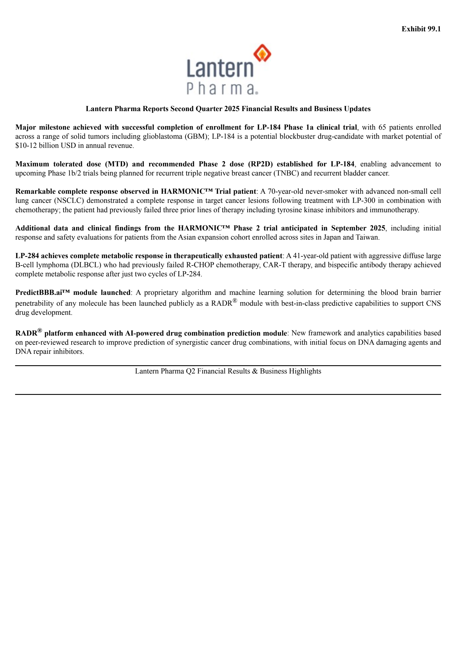 Lantern Pharma's Q2 2025 Press Release