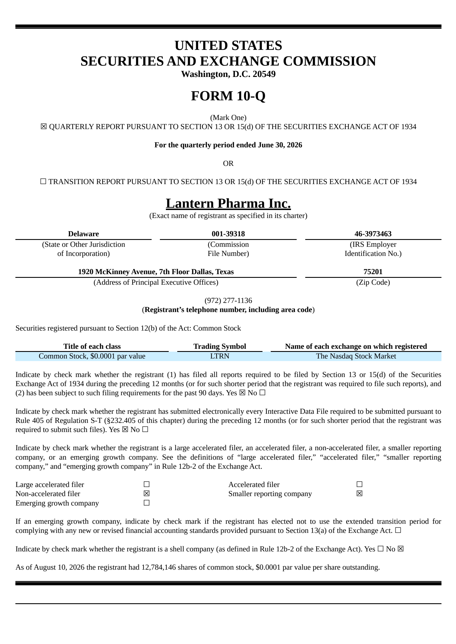 Lantern Pharma's Q2 2026 Quarterly report