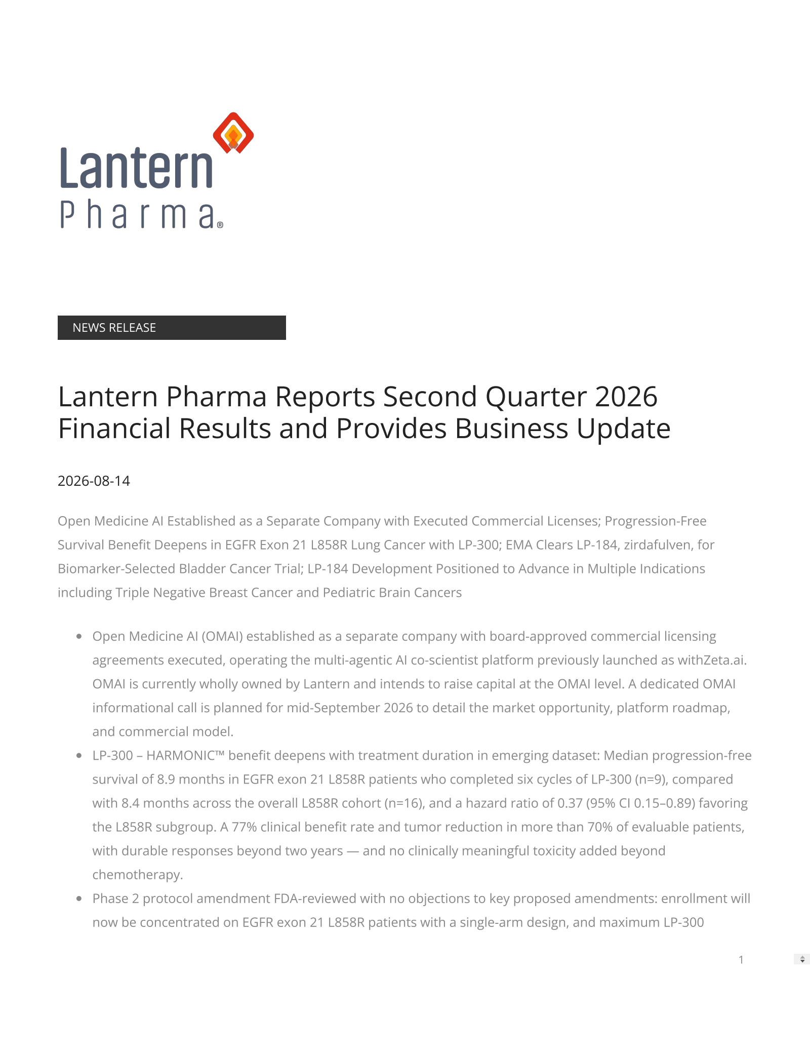 Lantern Pharma's Q2 2026 Press Release