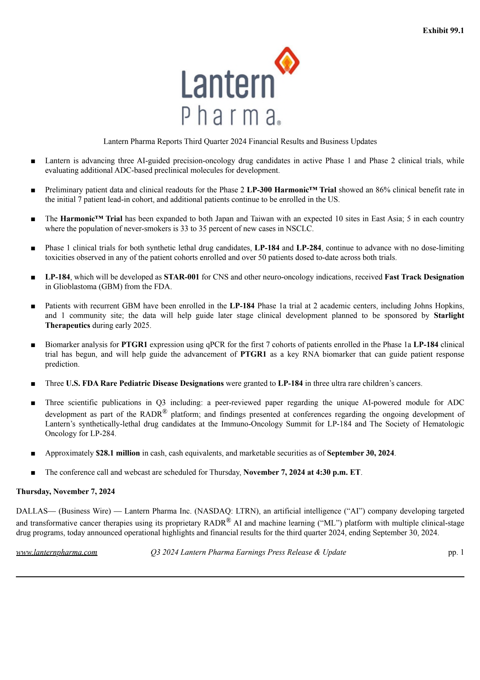 Lantern Pharma's Q3 2024 Press Release