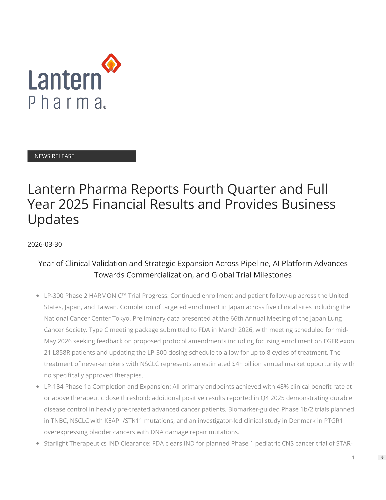 Lantern Pharma's Q4 2025 Press Release